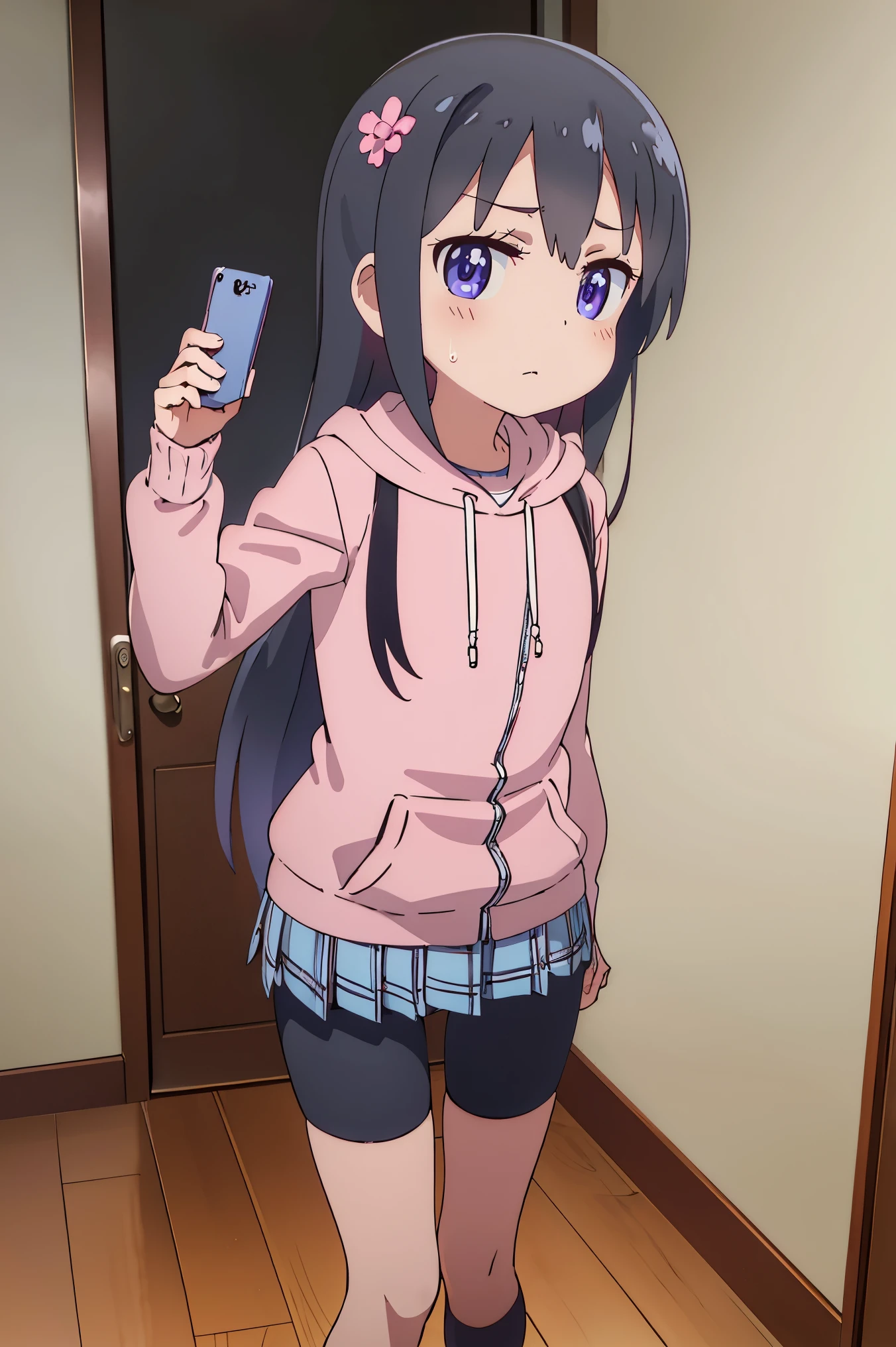 (masterpiece) , best quality, expressive eyes, perfect face, 1 girl, hdr, hana shirosaki, hair ornament, hair flower, pink flower, pink hoodie, long sleeves, plaid, grey skirt, plaid, bike shorts, black bike shorts, standing, open mouth, looking at viewers, room, bedroom, indoors, solo, pov, standing, grey plaid,