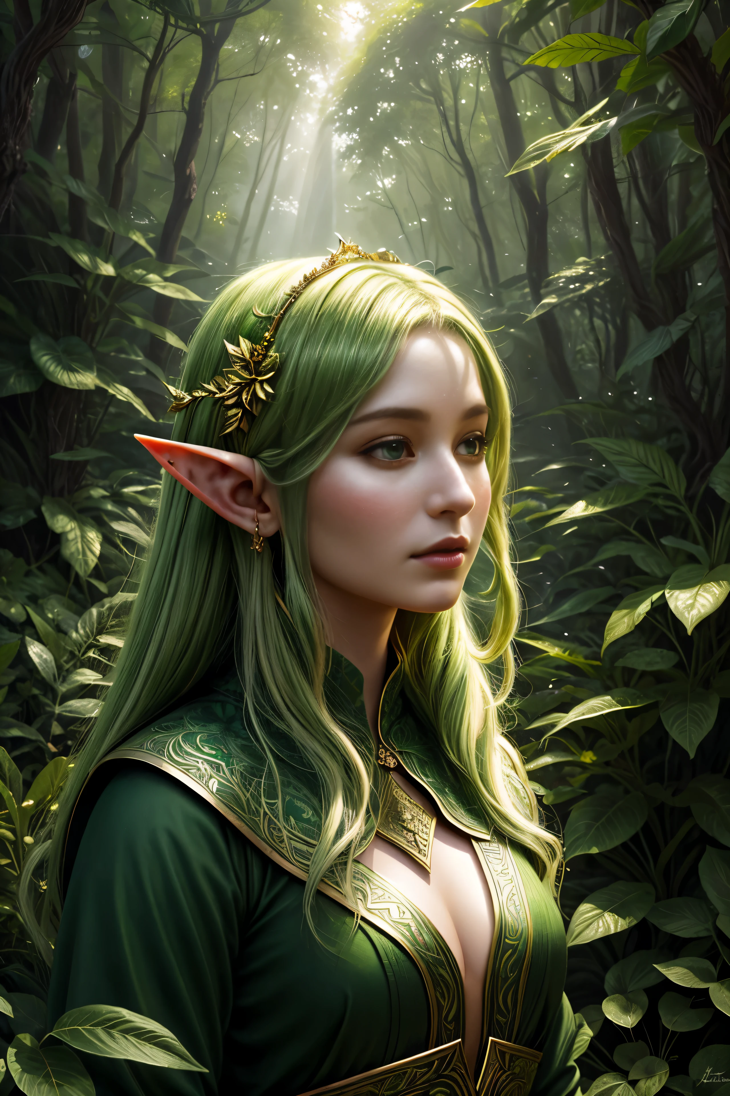 'an elf in a vegetative forest' in the style of kobe kasner, in the style of lush detailing, distinctive noses, detailed fantasy art, traditional oceanic art, high detailed, close-up, light gold and green