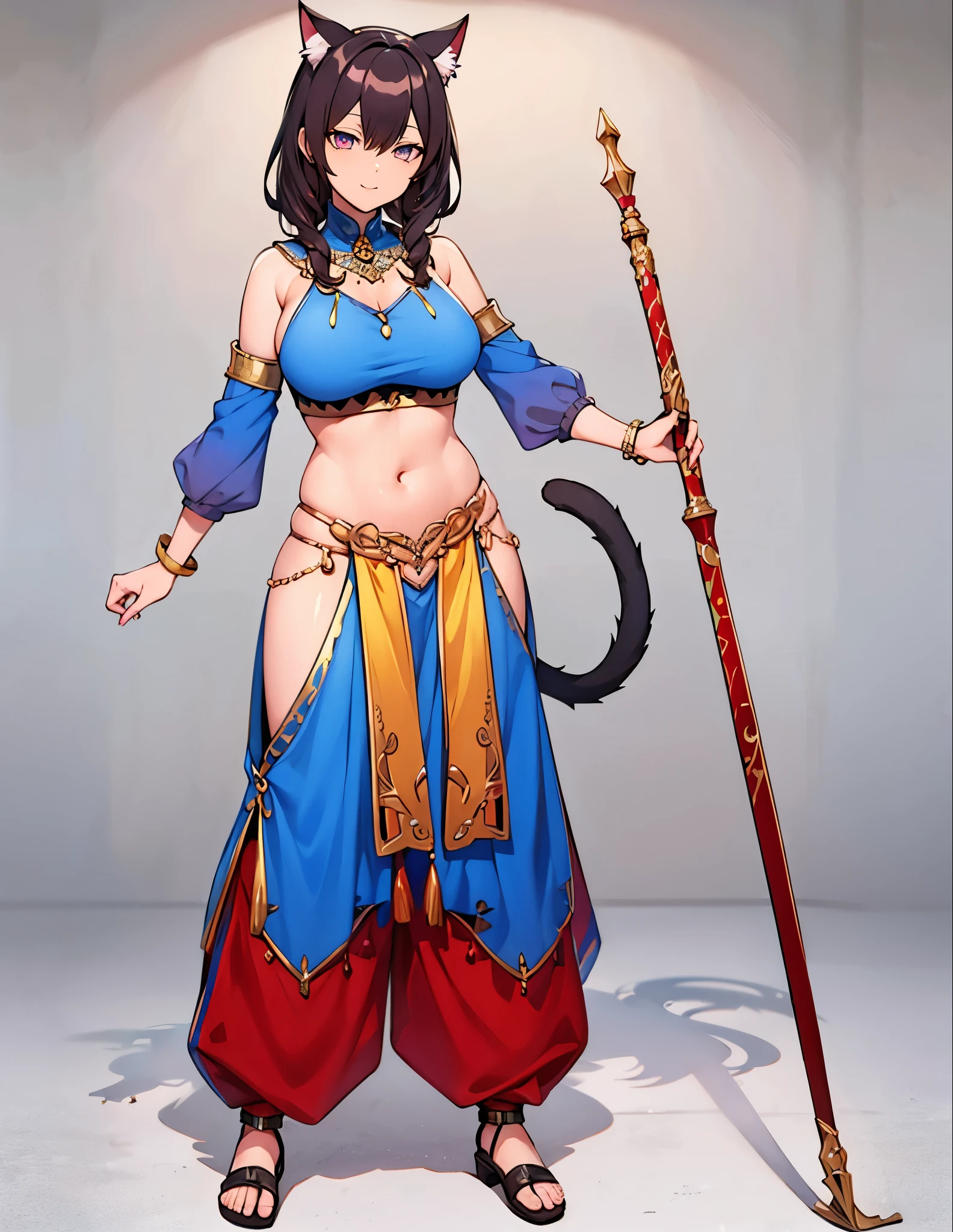 (best quality, 4k, 8k, highres, masterpiece:1.2), ultra-detailed, (((cat girl))), (((full body))), ((standing pose)), ((((sexy harem dance pants)))), ((detailed clothes)), ((((carrying a big beautiful weapon)))), ((detailed weapon)), ((fully detailed)), illustration, vivid colors