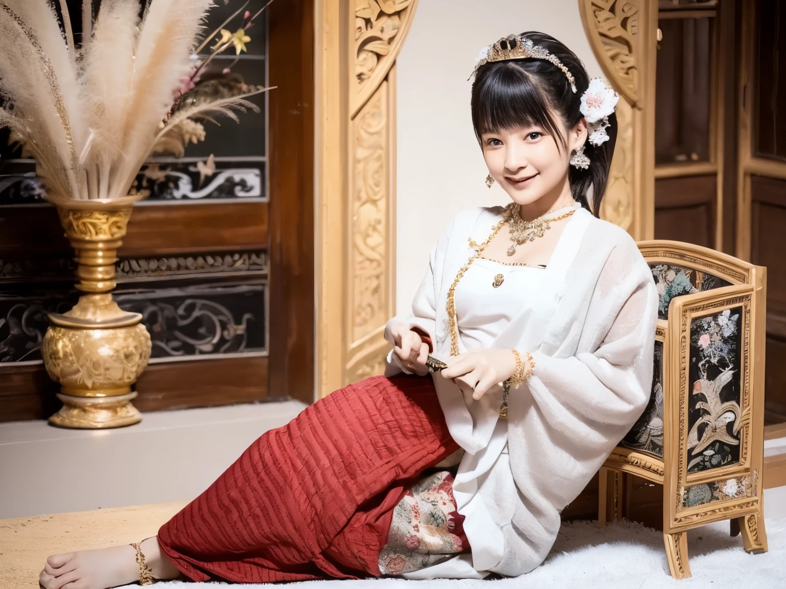 MMTD Burmese pattern traditional dress wear beautiful queen,wear a pearl necklace and gold bracelet,Full body detail beauty, Sitting in a royal attitude on a long golden traditional throne in a golden palace, Myanmar traditional hairstyle,best configuration, panoramic cover shot, Senimatic lightning and ultra-realistic details, octane rendering, unreal engine, sharp focus,32K ,UHD resolution