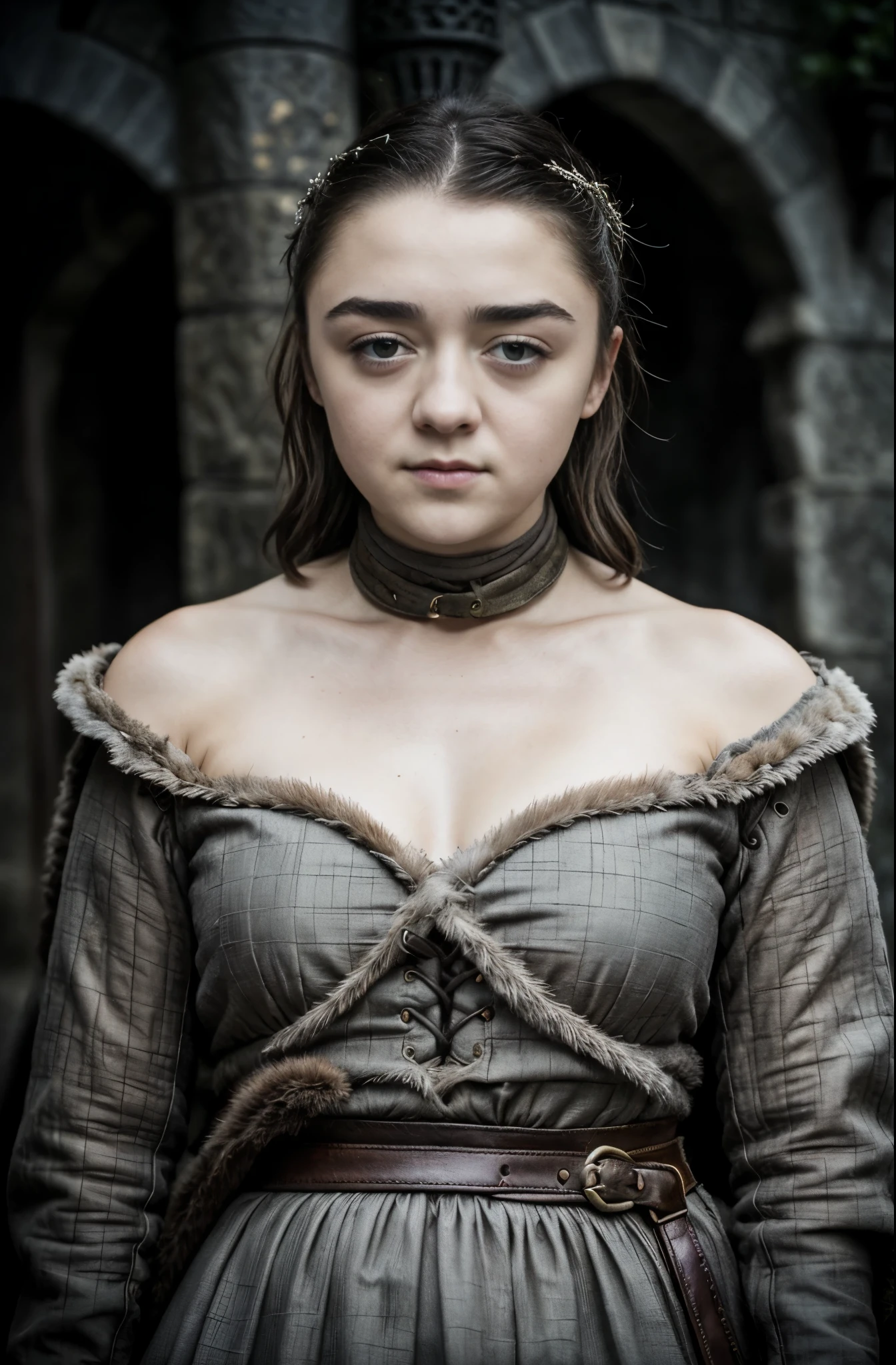 Foto RAW, RAW photograph of Maisie Williams, Arya Stark, Extremely gorgeous lady, Arya Stark PLAYED BY MAISIE WILLIAMS, Queen Arya Stark, she  a mature woman now, milf, sexy mediaeval battle dress, gladiator woman, body, 40 years old Woman, body revealing costumes, perky breast, skin pores, big natural breast, erotic costumes, lusty physique, seductive figure can capture every people's attention, Game of thrones costumes, revealing captivating figure, Mediaeval costumes, revealing clothes, A tomboy, she would rather fence than dance, warrior queen , game of thrones screen caps, Game of Thrones Series, (pele altamente detalhada: 1.2), 8k UHD, DSLR, soft-lighting, alta qualidade, grain of film, Fujifilm XT3, flawless picture, highly detailed, detailed Beauty, intricate, 32k, sharp picture,