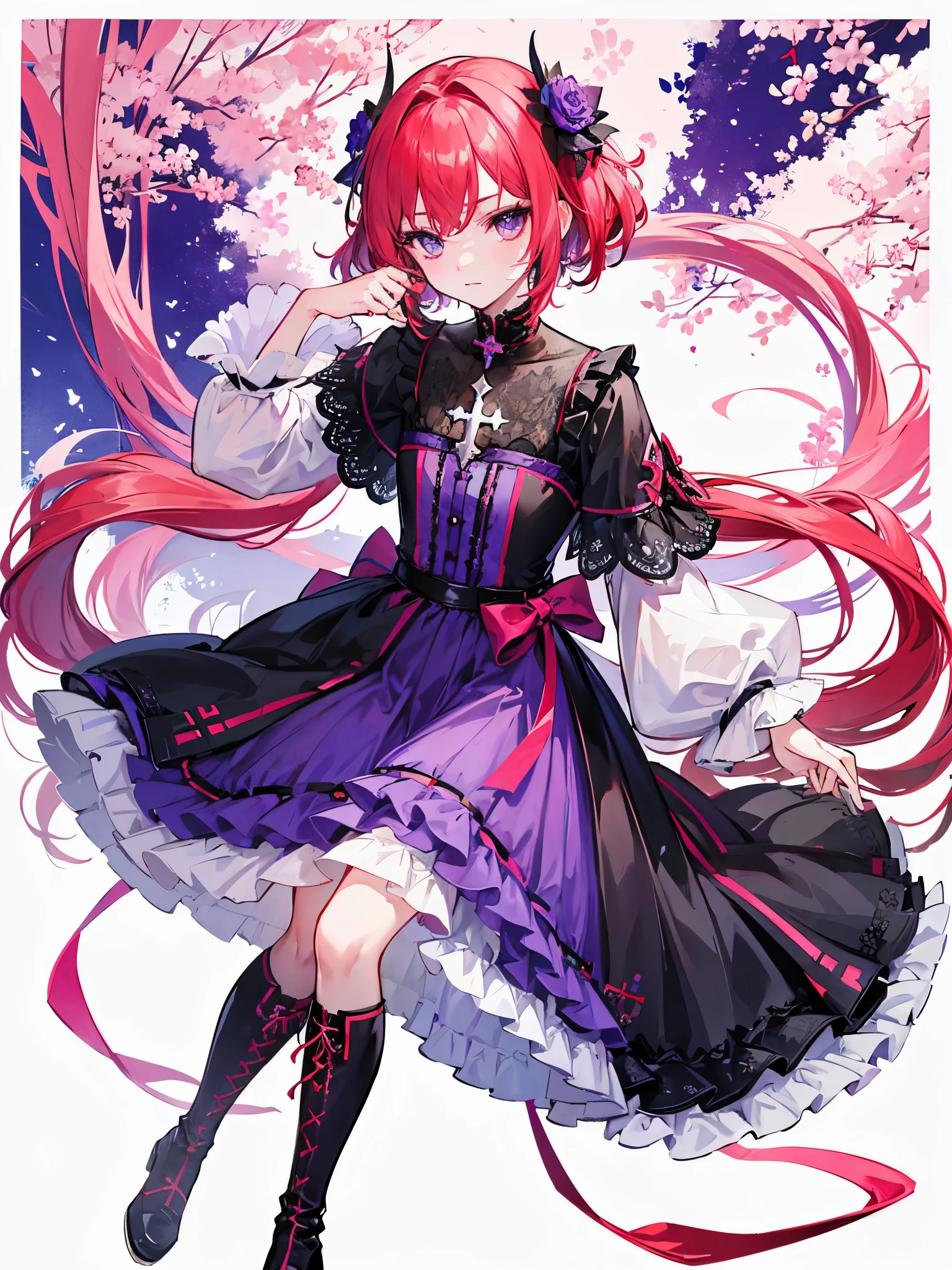 ((a boy)), scarlet hair, violet eyes, ((idol costume)), ((Cross-dressing)), long boots, ((Beautiful boy)), ((individual)), ((dress))