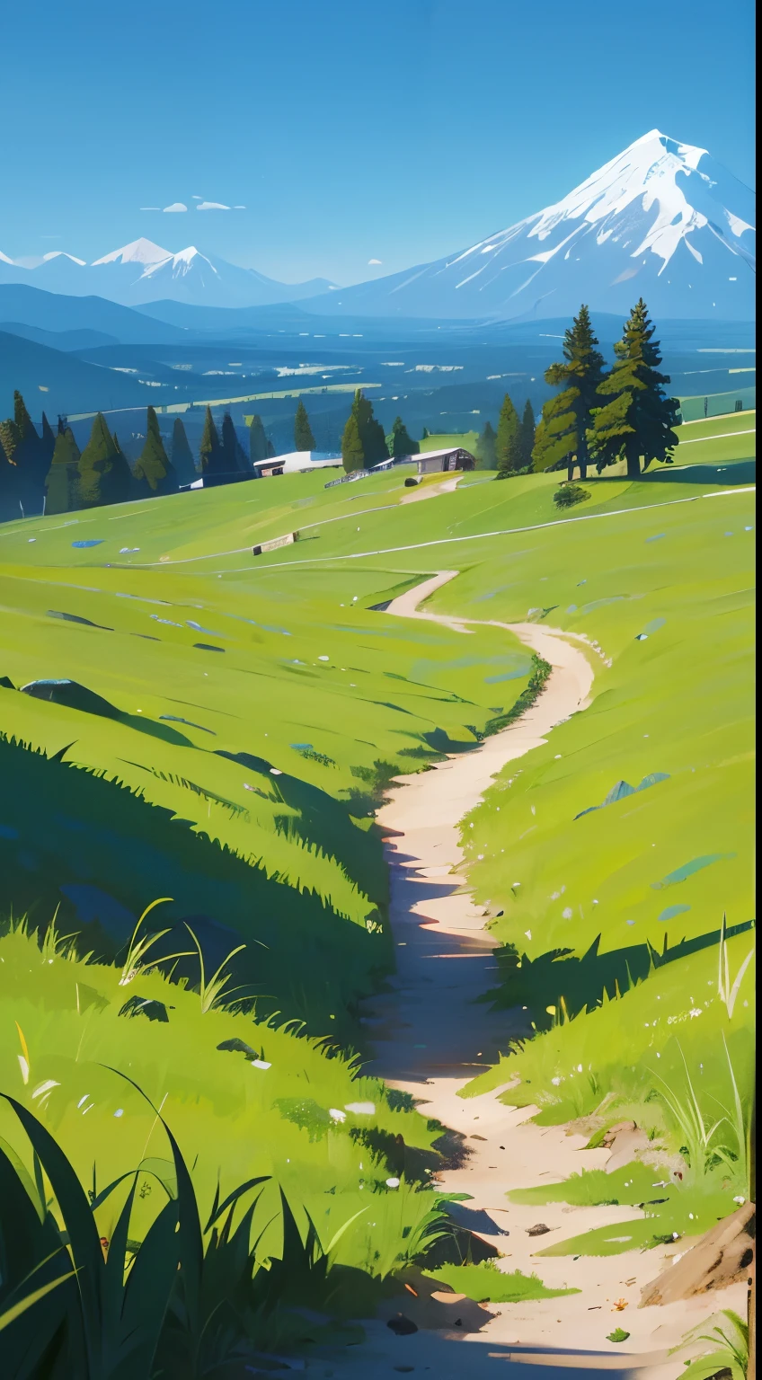 grass, mountain, trail, blue sky