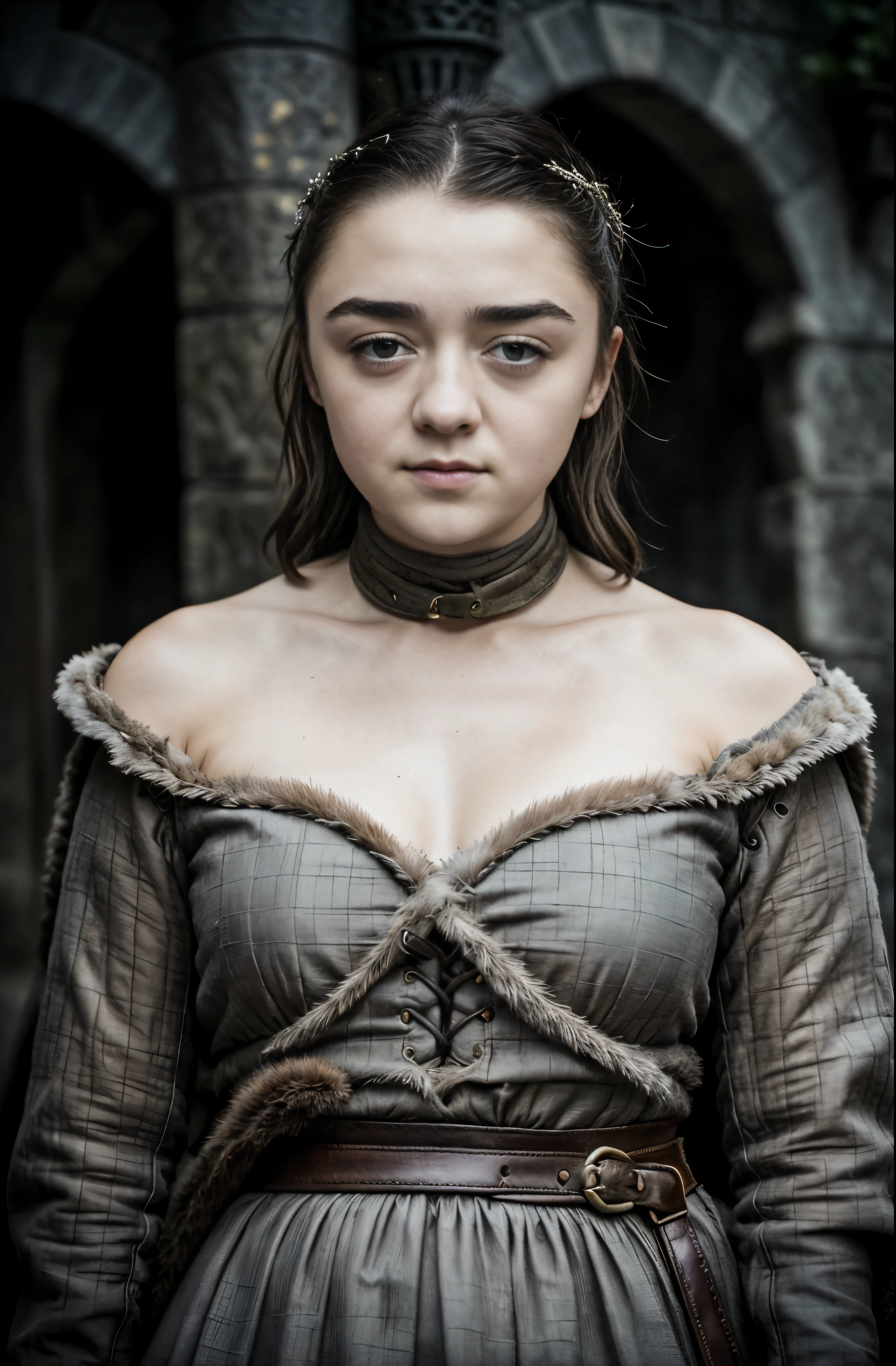 Foto RAW, RAW photograph of Maisie Williams, Arya Stark, Extremely gorgeous lady, Arya Stark PLAYED BY MAISIE WILLIAMS, Queen Arya Stark, she  a mature woman now, milf, sexy mediaeval battle dress, gladiator woman, body, 40 years old Woman, body revealing costumes, perky breast, skin pores, big natural breast, erotic costumes, lusty physique, seductive figure can capture every people's attention, Game of thrones costumes, revealing captivating figure, Mediaeval costumes, revealing clothes, A tomboy, she would rather fence than dance, warrior queen , game of thrones screen caps, Game of Thrones Series, (pele altamente detalhada: 1.2), 8k UHD, DSLR, soft-lighting, alta qualidade, grain of film, Fujifilm XT3, flawless picture, highly detailed, detailed Beauty, intricate, 32k, sharp picture,