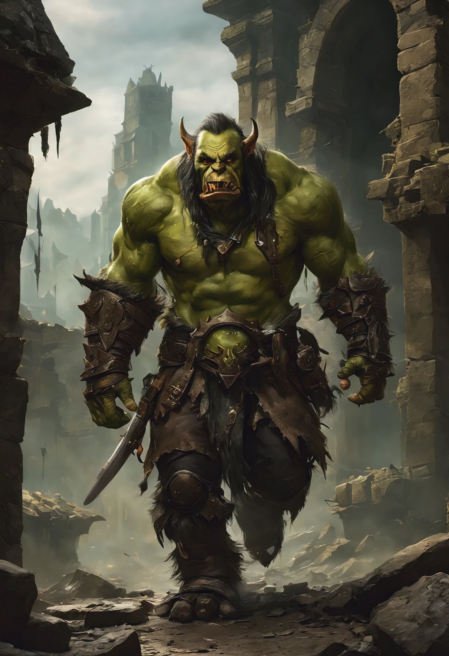 .(Mejor calidad,4k,8k,high resolution,obra maestra:1.2),ultra detallado,(Realista,photoRealista,photo-Realista:1.37),estilo orco World of warcraft, en la calle,Rasgos faciales detallados,apariencia aterradora,fierce expression,ropa andrajosa,cicatrices de batalla,armadura sucia y gastada,armas afiladas y amenazantes,orcos antropomorfos,gloomy atmosphere,Entorno urbano,Dark and gloomy lighting,edificios en ruinas,Calles llenas de humo,imponente arquitectura,enchanted symbols,action packed scene,guerreros orcos en combate,Dynamic poses,magic spells and explosions,tierra destrozada y escombros,chispas voladoras,texturas desgastadas,pancartas hechas jirones,cuerdas deshilachadas,metal retorcido,nubes siniestras,Somber color palette,misterioso resplandor verde,sombras premonitorias,ruinas majestuosas,evokes a sense of danger and adventure,paisaje inmersivo,Calles devastadas por la guerra,Authentic representation of the World of Warcraft universe,brings the fantasy world to life