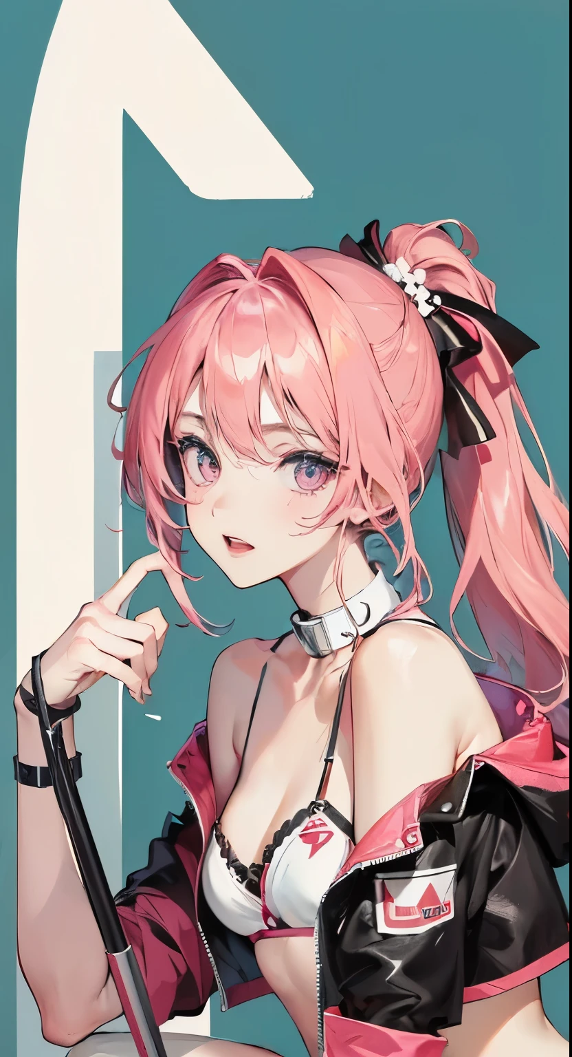 (masterpiece, highest quality, highest quality, official art, beauty and aesthetic: 1.2), (1 beautiful slave: 1.3), (slave collar: 1.3) (pink long hair, ponytail) (kneel down,: 1.2) (bikini: 1.3), Square background, marble, close up of face, close up of face