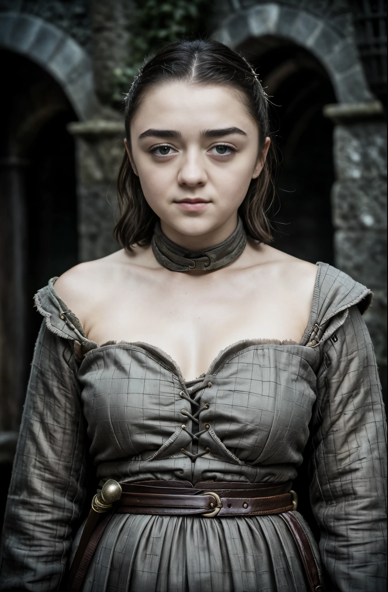 Foto RAW, RAW photograph of Maisie Williams, Arya Stark, Extremely gorgeous lady, Arya Stark PLAYED BY MAISIE WILLIAMS, Queen Arya Stark, she  a mature woman now, milf, sexy mediaeval battle dress, gladiator woman, body, 40 years old Woman, body revealing costumes, perky breast, skin pores, big natural breast, erotic costumes, lusty physique, seductive figure can capture every people's attention, Game of thrones costumes, revealing captivating figure, Mediaeval costumes, revealing clothes, A tomboy, she would rather fence than dance, warrior queen , game of thrones screen caps, Game of Thrones Series, (pele altamente detalhada: 1.2), 8k UHD, DSLR, soft-lighting, alta qualidade, grain of film, Fujifilm XT3, flawless picture, highly detailed, detailed Beauty, intricate, 32k, sharp picture,