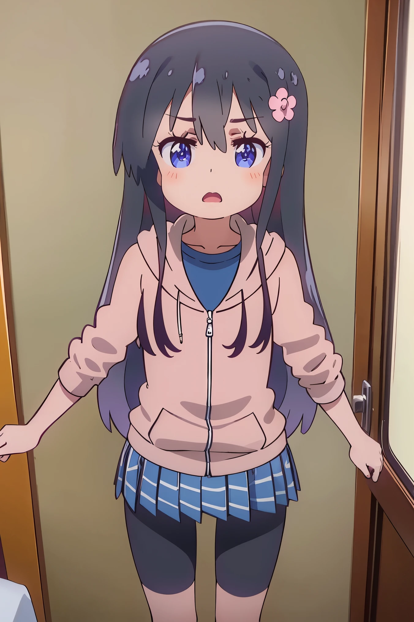 (masterpiece) , best quality, expressive eyes, perfect face, 1 girl, hdr, hana shirosaki, hair ornament, hair flower, pink flower, pink hoodie, long sleeves, plaid, grey skirt, plaid, bike shorts, black bike shorts, standing, open mouth, looking at viewers, room, bedroom, indoors, solo, pov, standing, grey plaid,