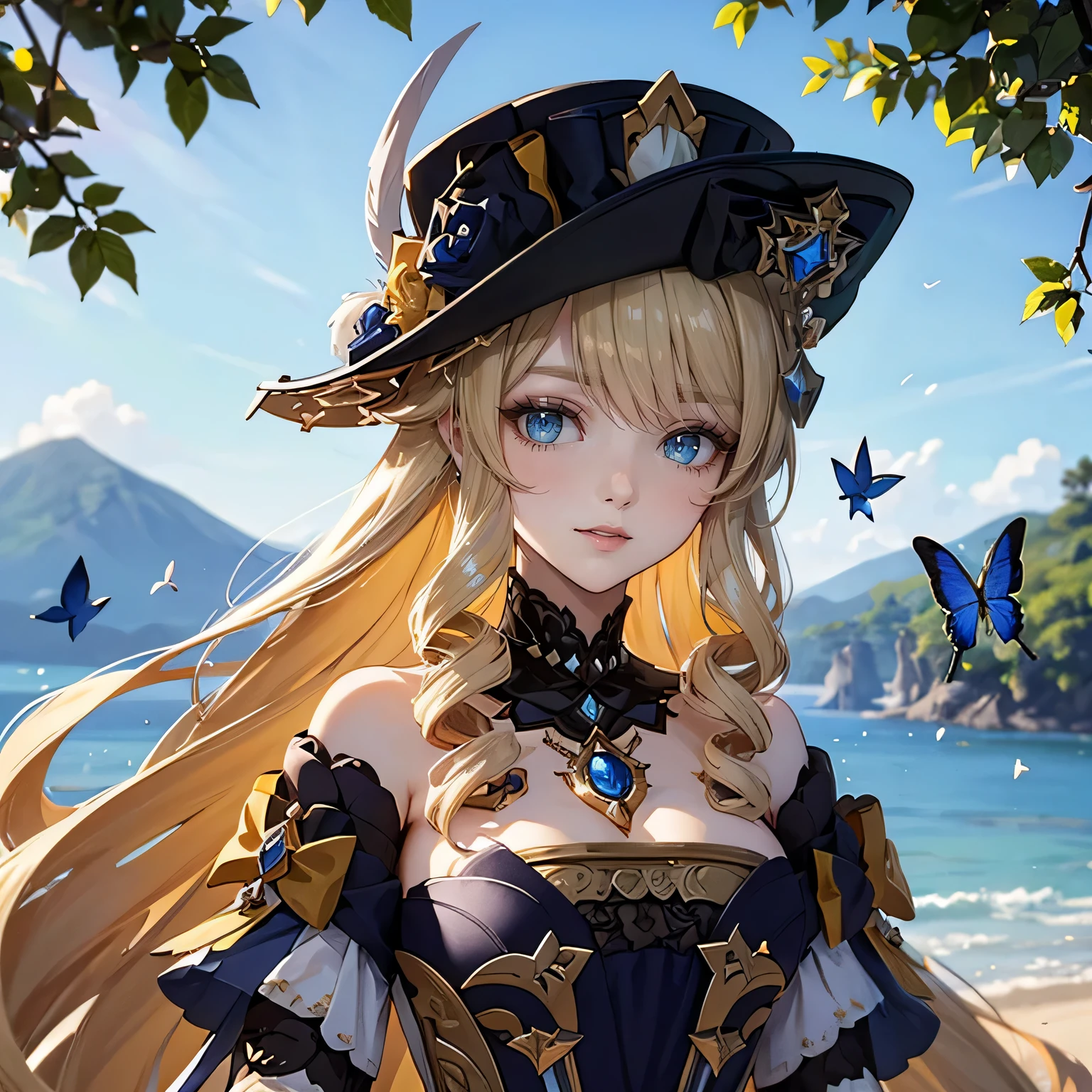 masterpiece, Navia from Genshin Impact, anime style, Look, black hat on his head, The head is completely in the frame,beautiful detailed blue eyes, detailed lips, butterflies fly against the background of nature, long hair, in high definition