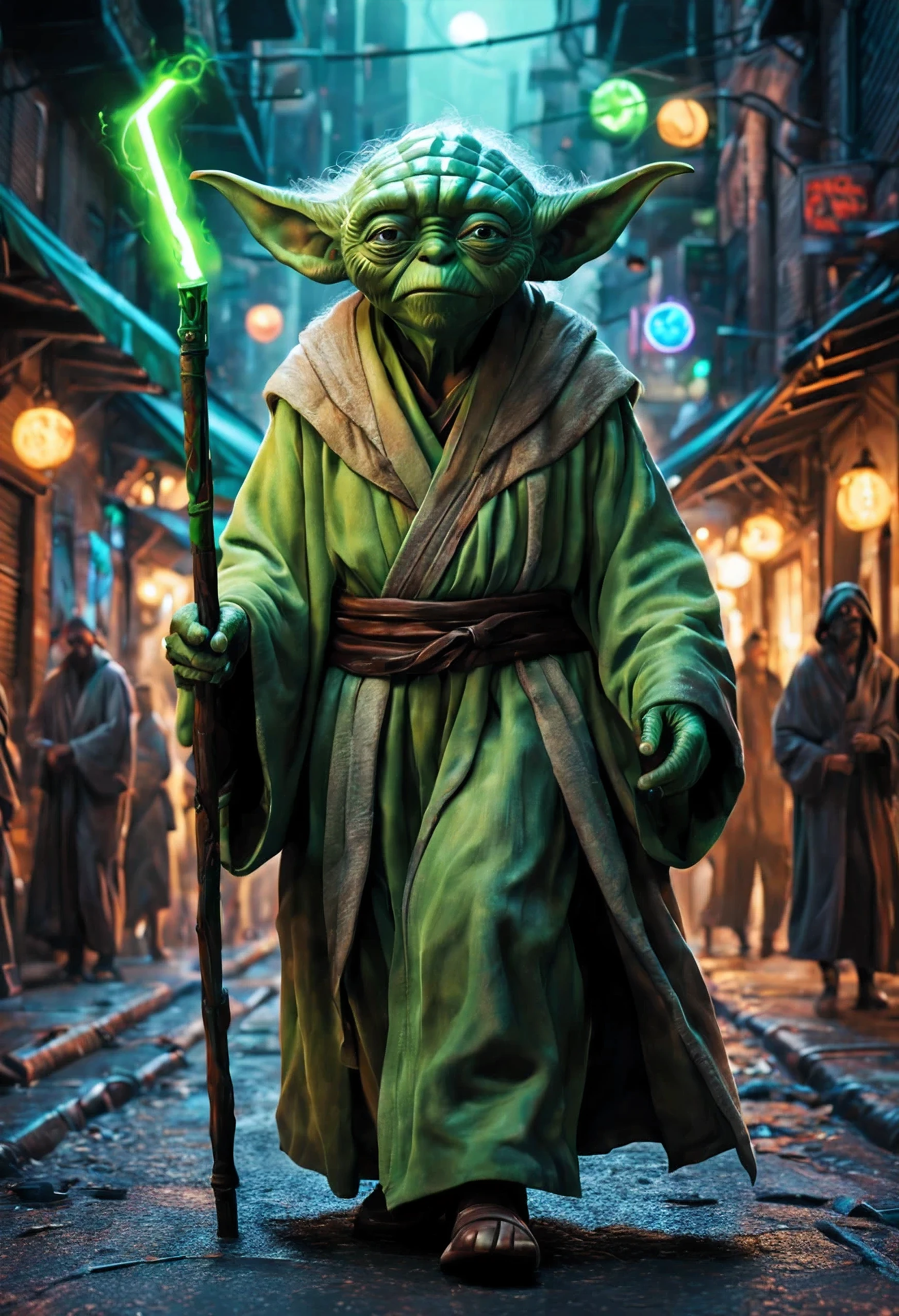 yoda en la calle,illustration,Unique artistic style,Rasgos faciales detallados,Wise expression,piel verde brillante,flowing robes,walking stick,famoso maestro jedi,escena callejera,multitud bulliciosa,exotic species,galactic atmosphere,neon lights,ambiente urbano,obra de arte de graffiti,Colores vibrantes,ambiente nocturno,Shady alleys,vapor saliendo de los respiraderos,cantina al fondo,excitement,Energy,contraste,high resolution details,Texturas realistas,photorealistic lighting,bokeh