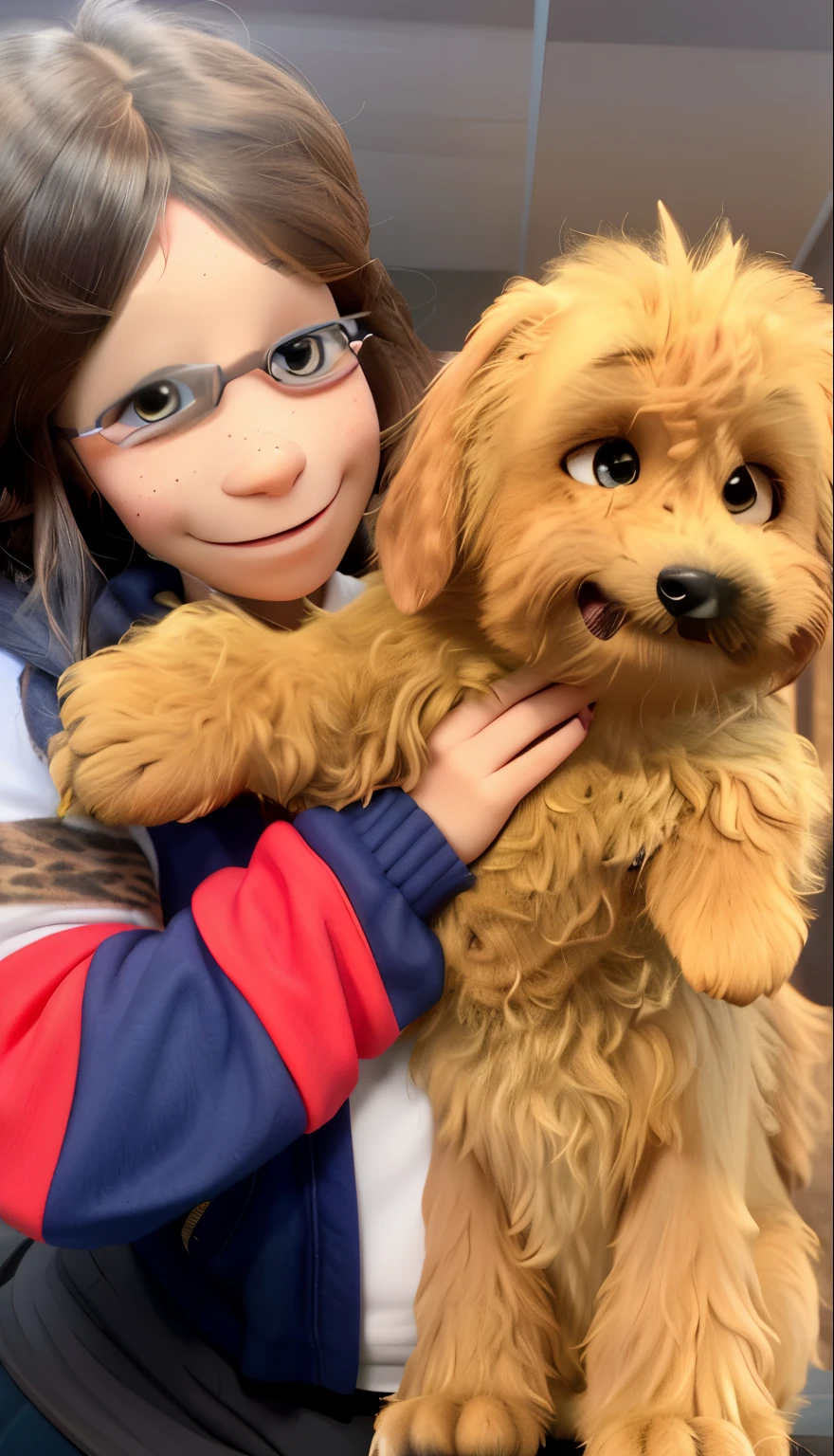 Super ultra happy cute , pink glasses , with freckles and brown hair puppy , holding her cheeks
