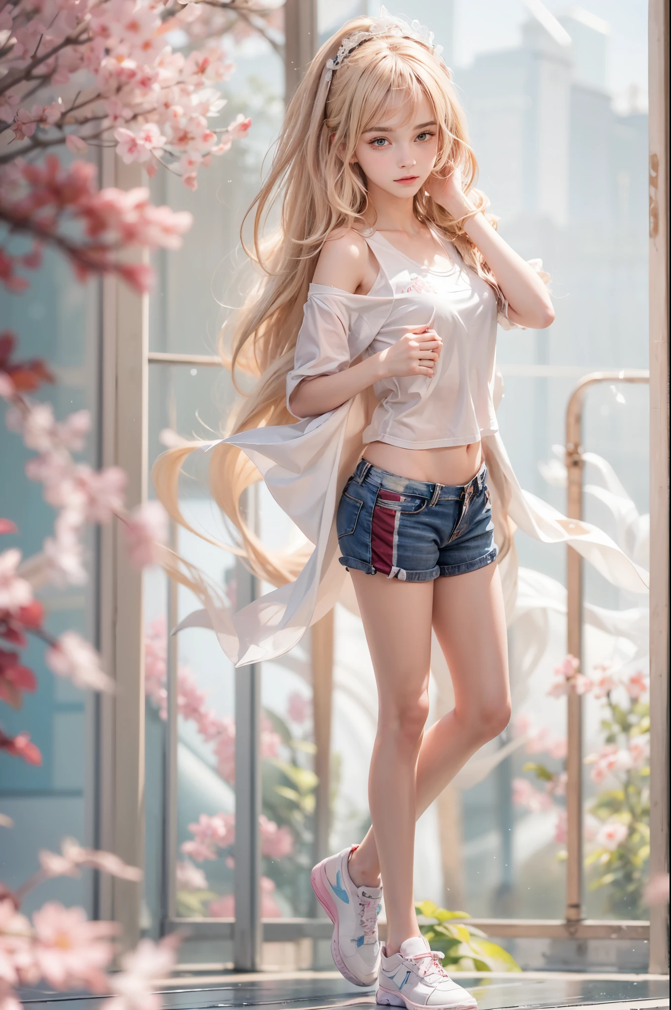 masterpiece, best quality, high quality, High definition, High quality texture, High quality shadow, high detail, beautiful detailed, finely detailed, extremely detailed cg, detailed texture, a realistic representation of the face, realistic, colorful, delicate, sharp focus, (intricate details, makeup, PureErosFace_V1:0.5), (detailed beautiful delicate face, detailed beautiful delicate eyes, a face of perfect proportion, high detailed skin, detailed skin, best ratio four finger and one thumb, skiny and thin:1.3), 1girl, 17 years old, tall, (smooth_abs:1.55), (abs:0.5), pretty, masterpiece, highres, (long_skinny_legs), (straight_legs), (skinny_waist), (((fair skin))), white skin, (((pale skin))), pink sports Bandeau, (school_uniform:swim_suits:0.5), white shorts, standing legs apart, looking at viewer, pink sports shoes, glasses, (Emma_watson), big_breast, (((Caucasian))), Light blonde hair, pink and white, sakura leaves