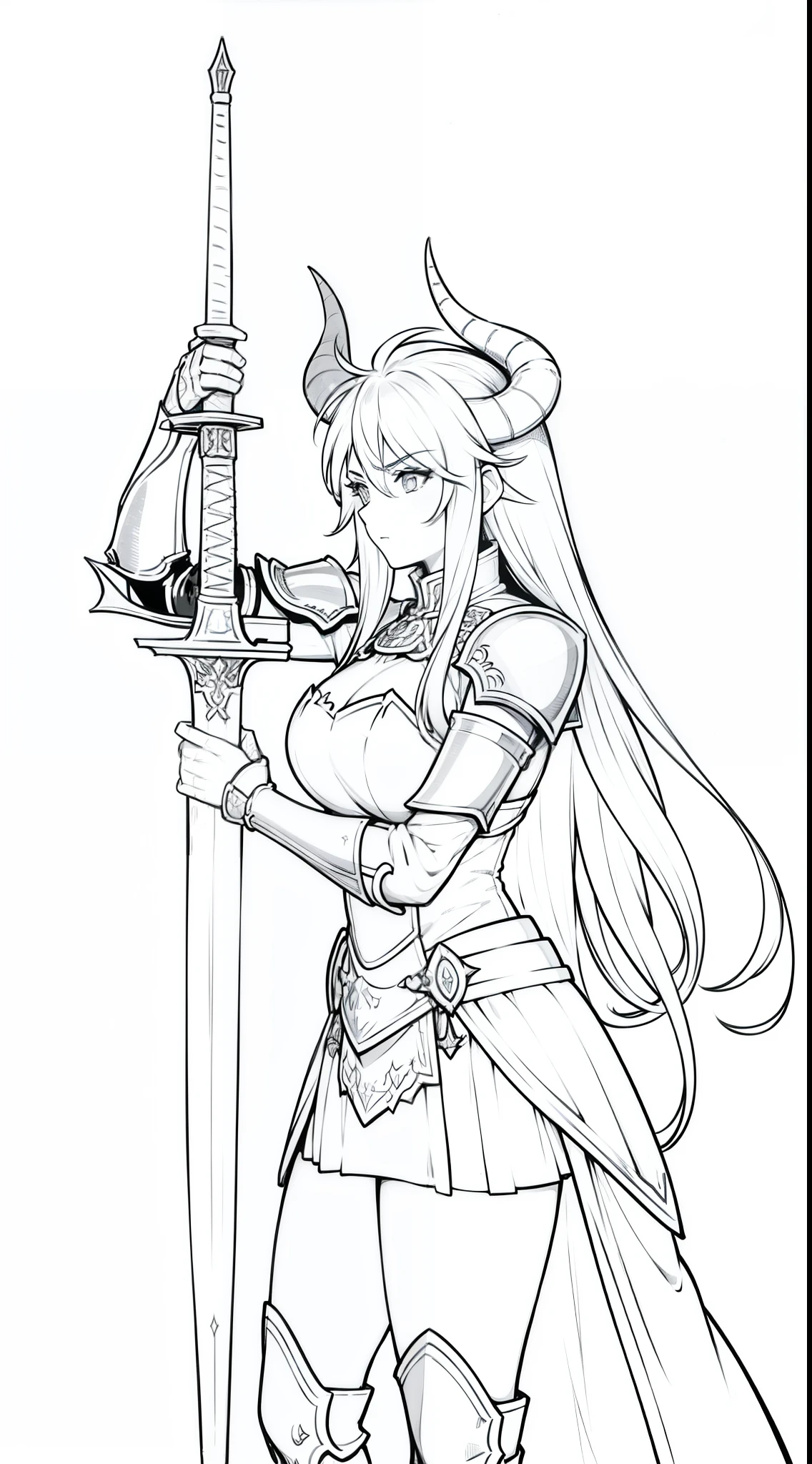 1girl,18s,horns,long hair,cathyl hair,templar knight armor,,cowboy shot,(white background,line drawing),perfil,holding a sword