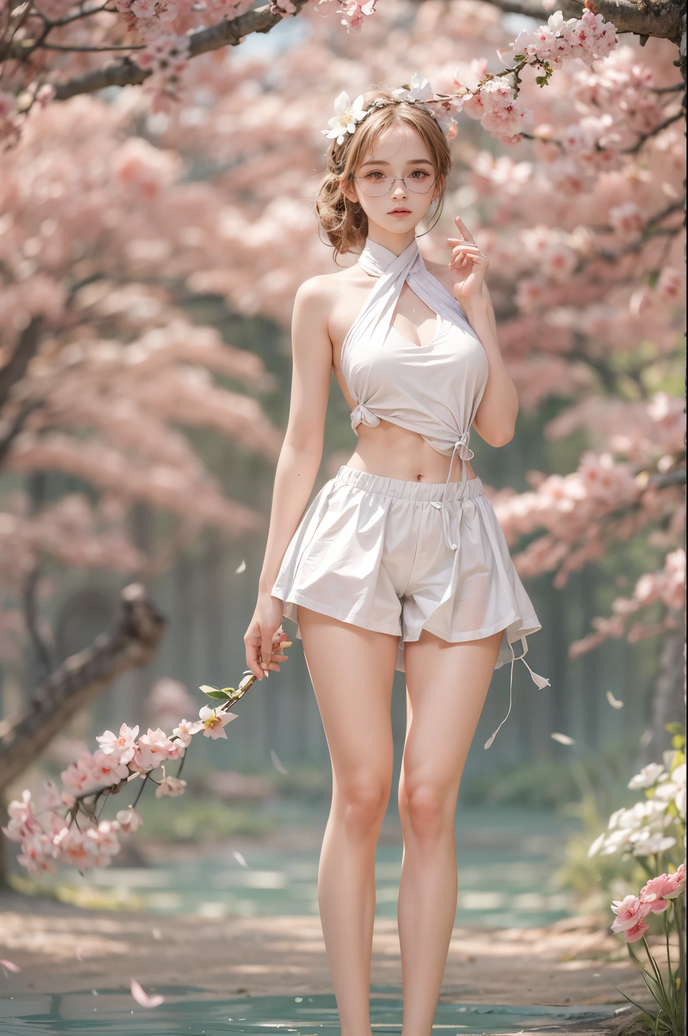 one girls、a picture、realisticlying、top-quality、Photorealsitic、The ultra -The high-definition、modeled、A detailed face、shoulders bob、Whole human body、Delicate figure, clean legs、pin heels、White shirt、tight miniskirt、Large lawn park、Strong sunshine in summer、Sit on the lawn、Looking at the camera、low angles、Open your crotch wide、A little white panties are visible from the skirt、depth of fields、Background bokeh、85mmレンズ