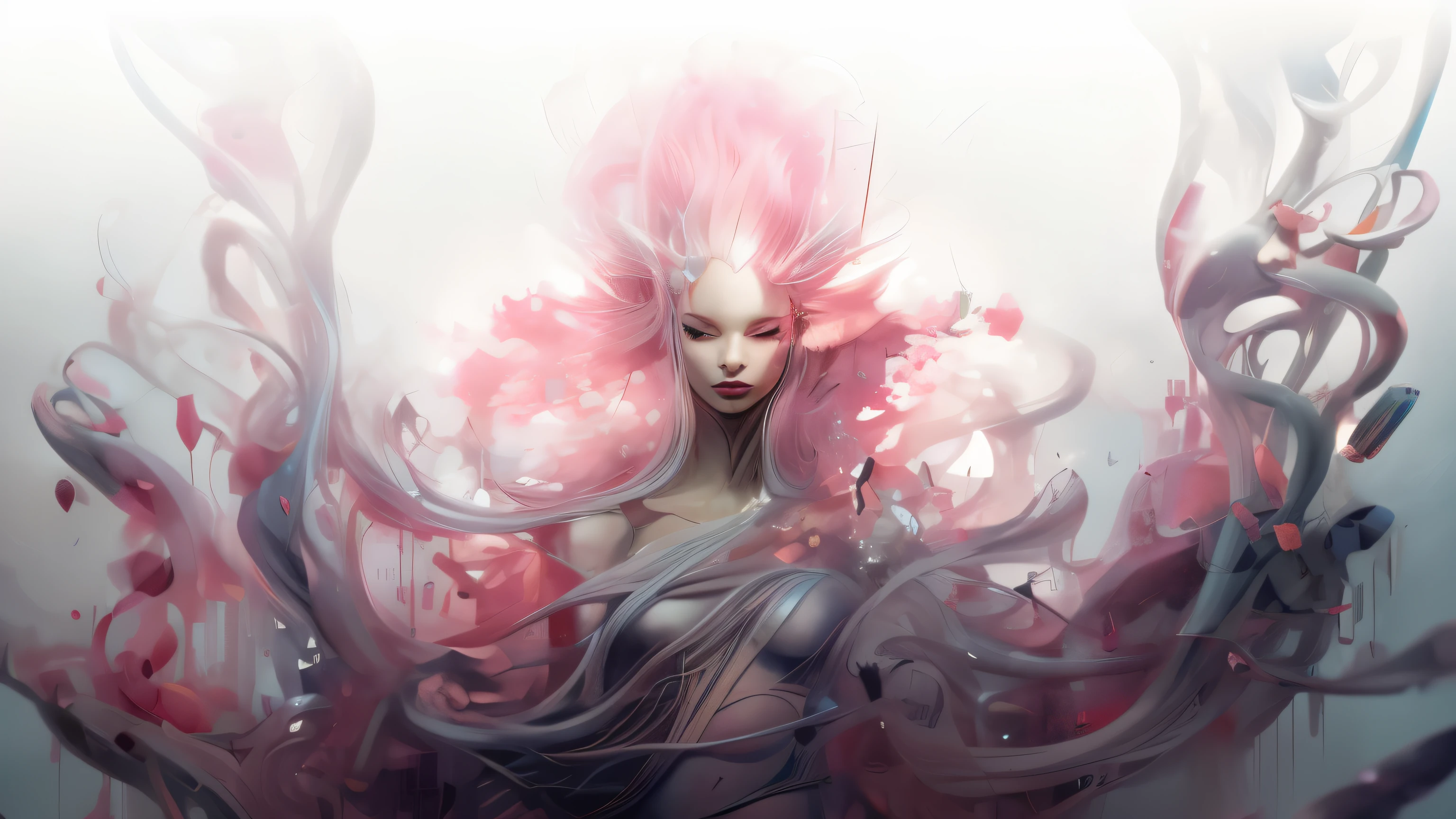 painting of a woman with a pink hair and a white face, artgerm and james jean, a beautiful artwork illustration, gorgeous digital art, beautiful digital artwork, james jean and wlop, exquisite digital illustration, wlop art, very beautiful digital art, beautiful gorgeous digital art, beautiful digital art, digital art fantasy art, digital fantasy art ), fantasy digital art