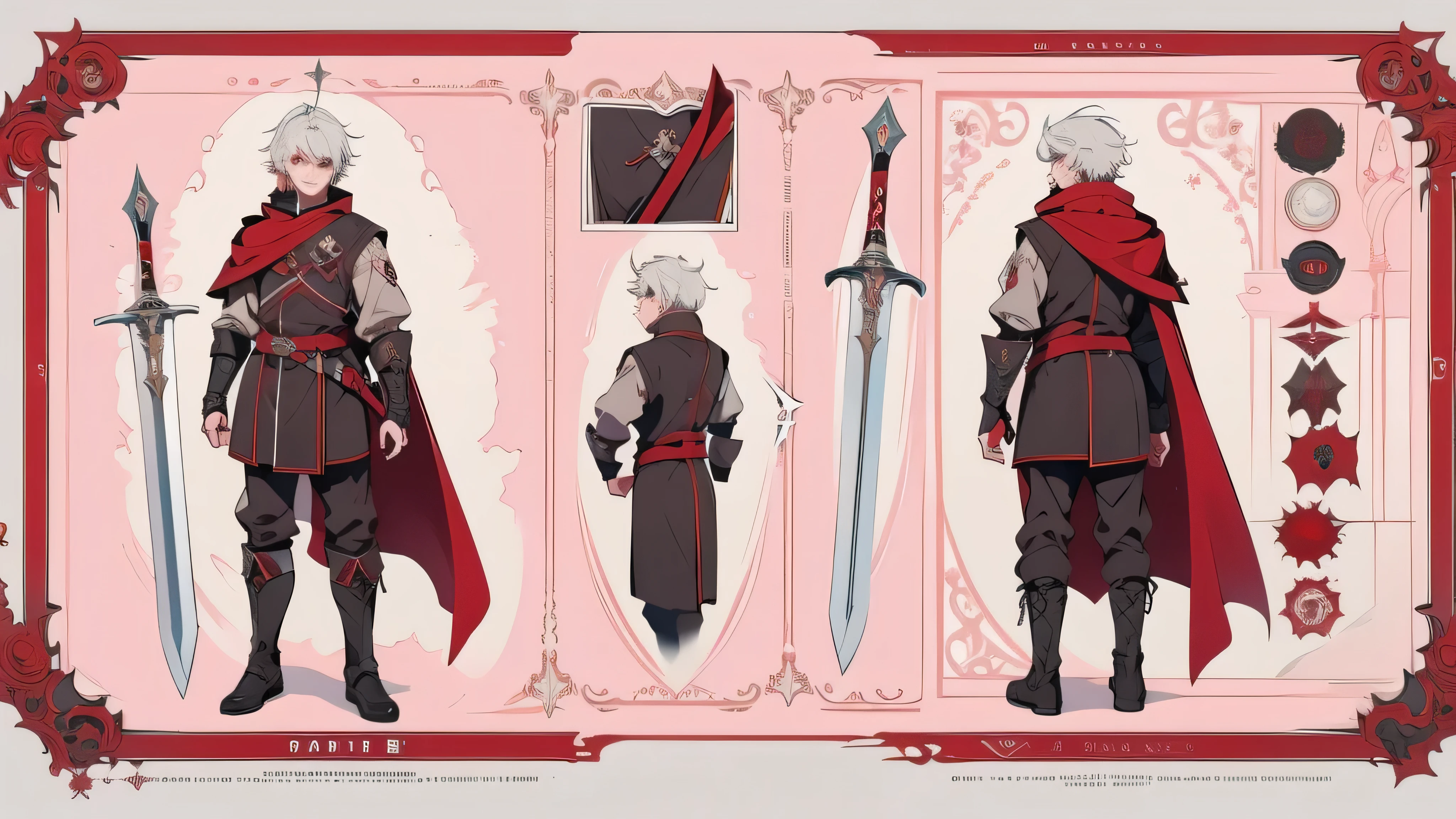 character design sheet, Medieval fantasy, Tall male adventurer, teenager, wearing gambeson, finely detailed eyes, white hair, crimson eyes, sword on hilt, Black and red cape.