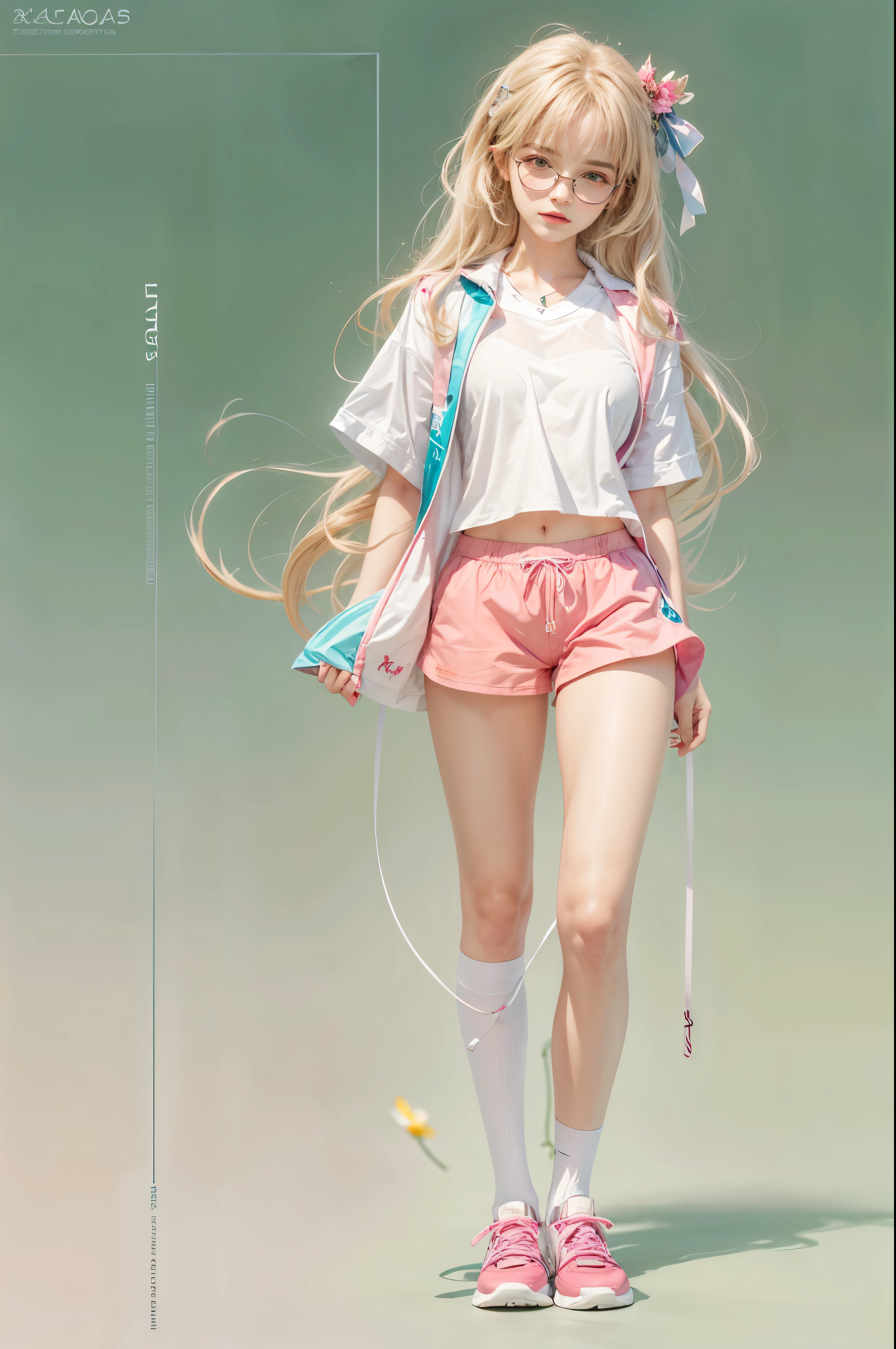 masterpiece, best quality, high quality, High definition, High quality texture, High quality shadow, high detail, beautiful detailed, finely detailed, extremely detailed cg, detailed texture, a realistic representation of the face, realistic, colorful, delicate, sharp focus, (intricate details, makeup, PureErosFace_V1:0.5), (detailed beautiful delicate face, detailed beautiful delicate eyes, a face of perfect proportion, high detailed skin, detailed skin, best ratio four finger and one thumb, skiny and thin:1.3), 1girl, 17 years old, tall, (smooth_abs:1.55), (abs:0.5), pretty, masterpiece, highres, (long_skinny_legs), (straight_legs), (skinny_waist), (((fair skin))), white skin, (((pale skin))), pink sports Bandeau, (school_uniform:swim_suits:0.5), white shorts, standing legs apart, looking at viewer, pink sports shoes, glasses, (Emma_watson), big_breast, (((Caucasian))), Light blonde hair, pink and white, sakura leaves