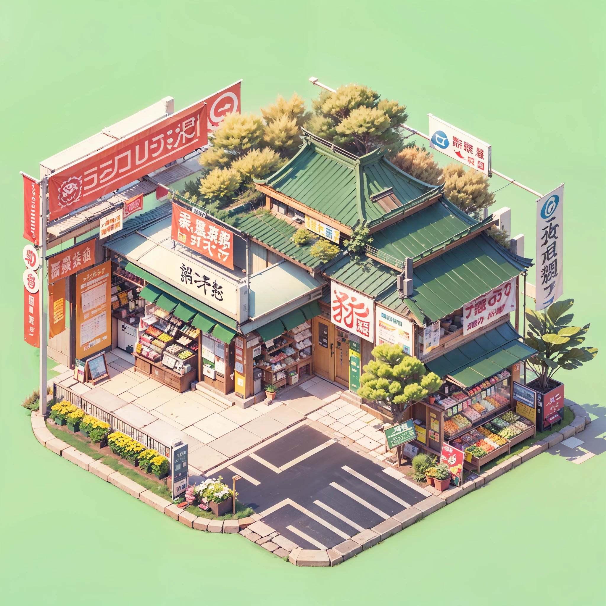 isometric house, (top-down 45-degree perspective), cartoon, modern japanese store, plant pots, outdoor vending machines, japanese banners, japanese signs, japan, blank background, clear structure, correct light and shadow, 3D rendering. --v 6