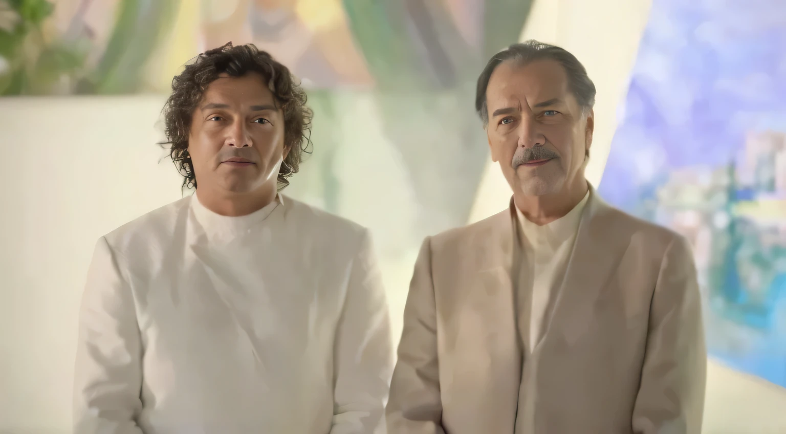 they are in front of a painting of a man and a woman, Comercial de TV, YouTube video screenshot, captura de tela de um filme, ainda do filme, Rene Lalique e Eddie Mendoza, medium shot of two characters, ainda de um filme, imagem fixa do filme, ainda do filme, imagem promocional, ainda filmado do filme, ainda do filme