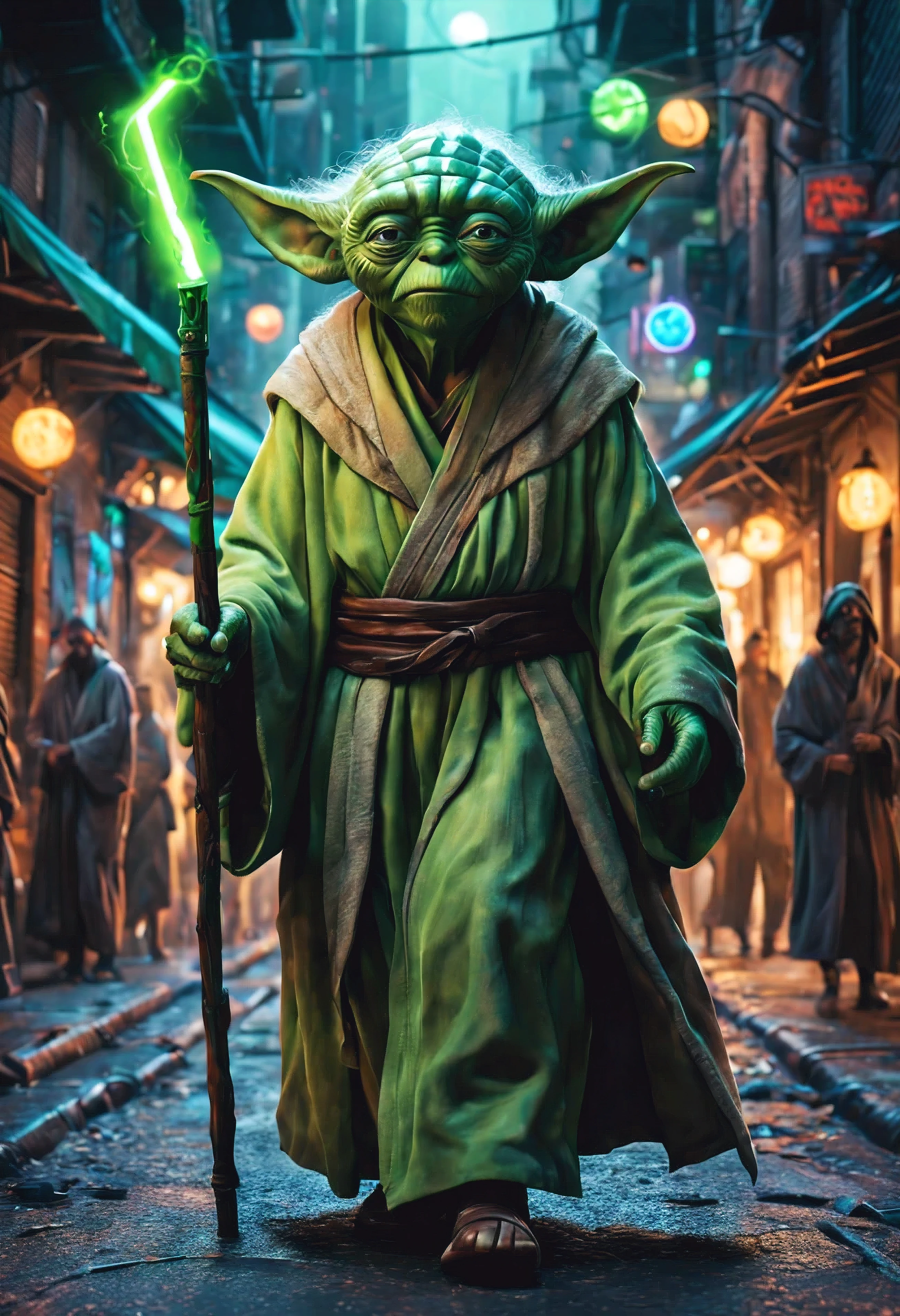 yoda en la calle,illustration,Unique artistic style,Rasgos faciales detallados,Wise expression,piel verde brillante,flowing robes,walking stick,famoso maestro jedi,escena callejera,multitud bulliciosa,exotic species,galactic atmosphere,neon lights,ambiente urbano,obra de arte de graffiti,Colores vibrantes,ambiente nocturno,Shady alleys,vapor saliendo de los respiraderos,cantina al fondo,excitement,Energy,contraste,high resolution details,Texturas realistas,photorealistic lighting,bokeh