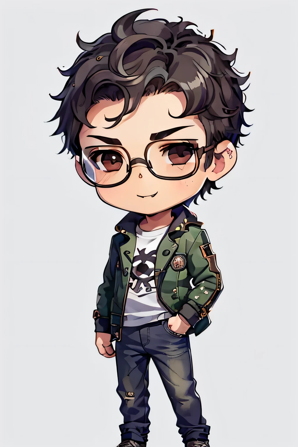 Best quality, masterpiece, high resolution, (a boy: 2), (chibi: 1.6), {{fullbody}}, advanced digital chibi art, round glasses, solo, standing, sideways, arms crossed, victory pose, smiling, (modern clothes: 1.2), short black hair, round glasses, very curly hair , round glasses, brown eyes, round glasses, headset, white background, flat background