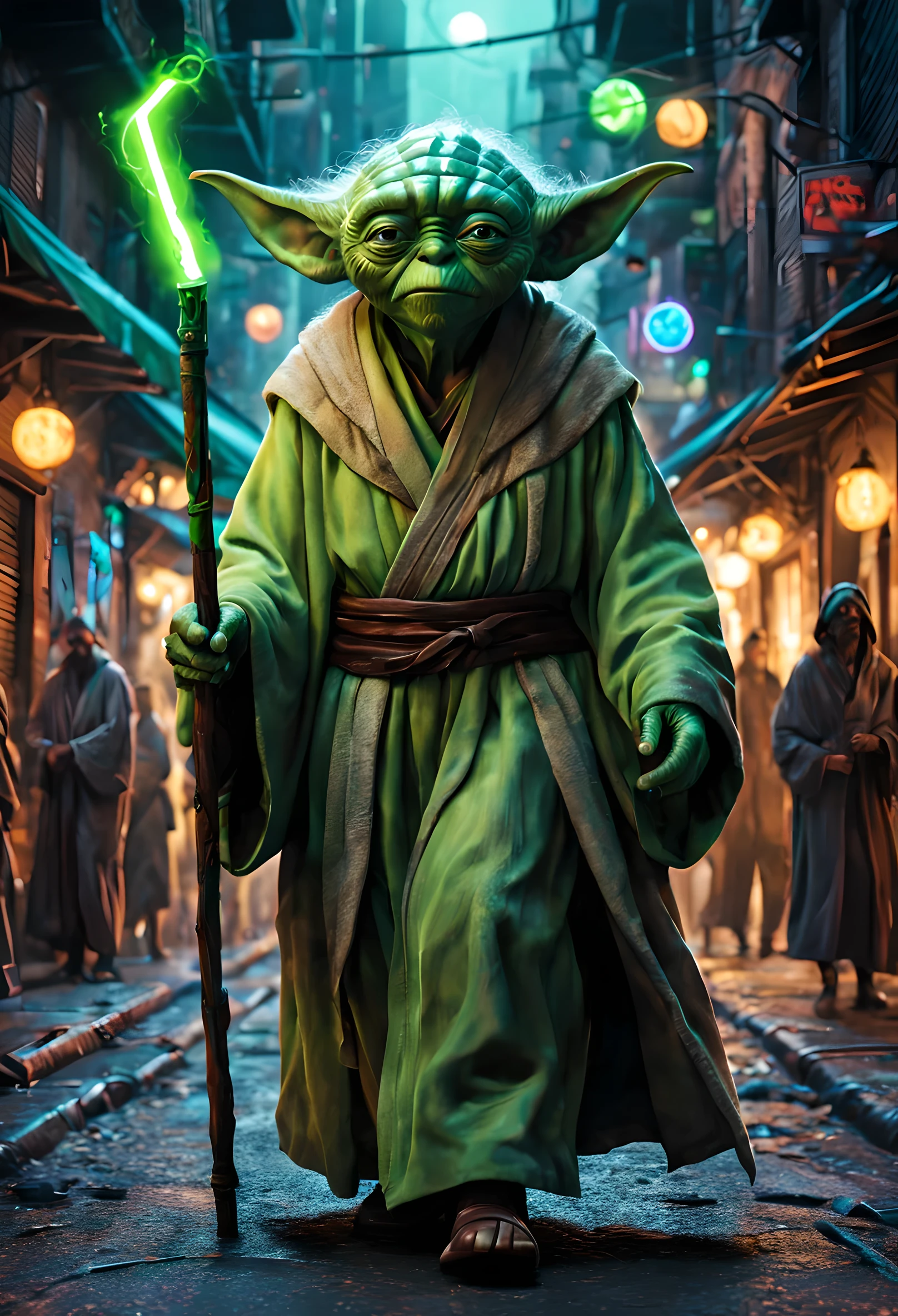 yoda en la calle,illustration,Unique artistic style,Rasgos faciales detallados,Wise expression,piel verde brillante,flowing robes,walking stick,famoso maestro jedi,escena callejera,multitud bulliciosa,exotic species,galactic atmosphere,neon lights,ambiente urbano,obra de arte de graffiti,Colores vibrantes,ambiente nocturno,Shady alleys,vapor saliendo de los respiraderos,cantina al fondo,excitement,Energy,contraste,high resolution details,Texturas realistas,photorealistic lighting,bokeh