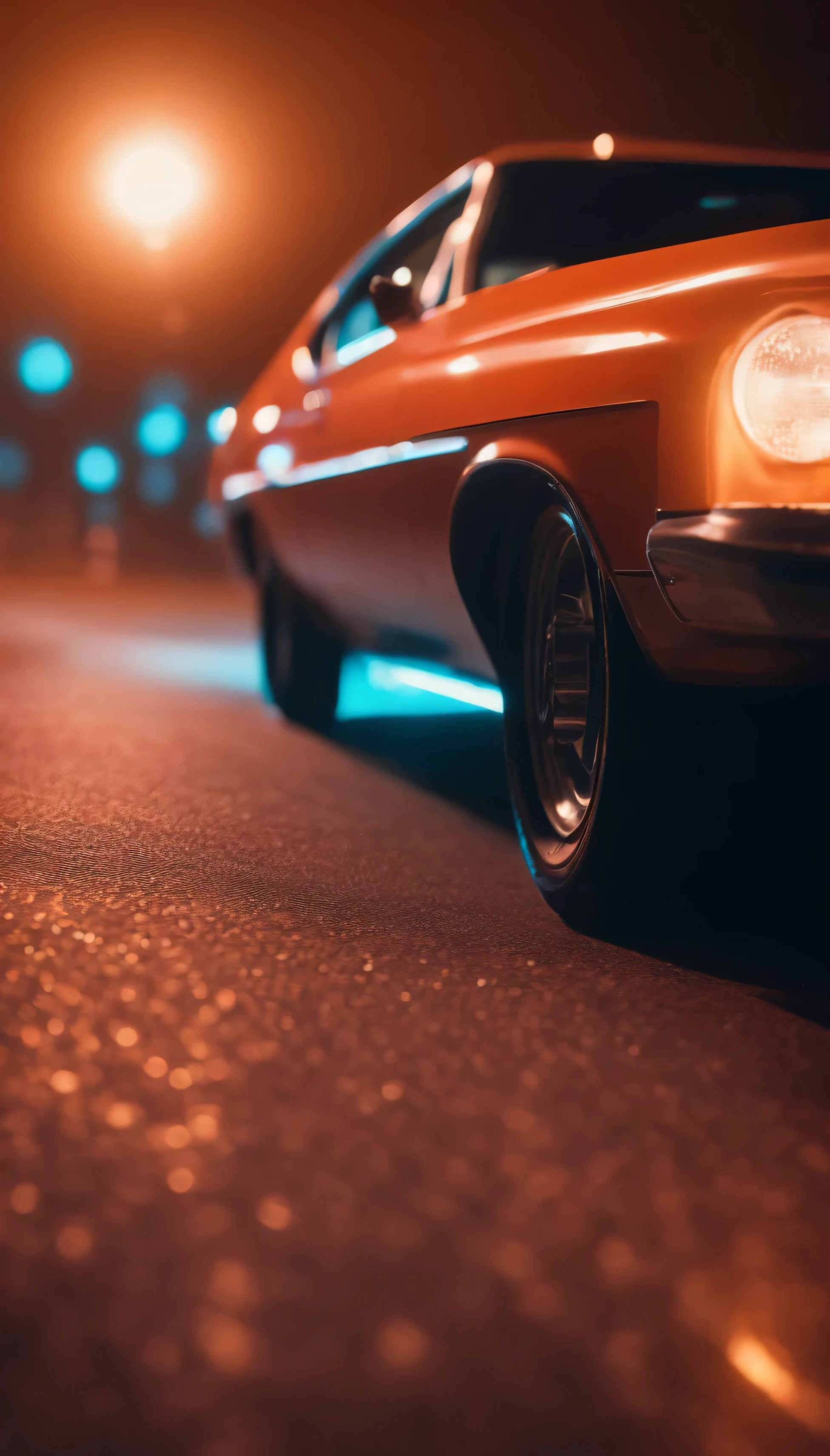 Aufnahme aus niedrigem Winkel mit 40-mm-Weitwinkelobjektiv, vom Boden aus erschossen, 1980er Jahre, Retro-Autofahrt mit Sonnenuntergang, Retro-Neon-Autobahn, Retro-Filmstil, Minimalistisch, Starry reflective road, high depth of field, Oktanputz, 3d render, Good quality, ultrafein, Neon funkelt, 32k Ultra HD, Background blur