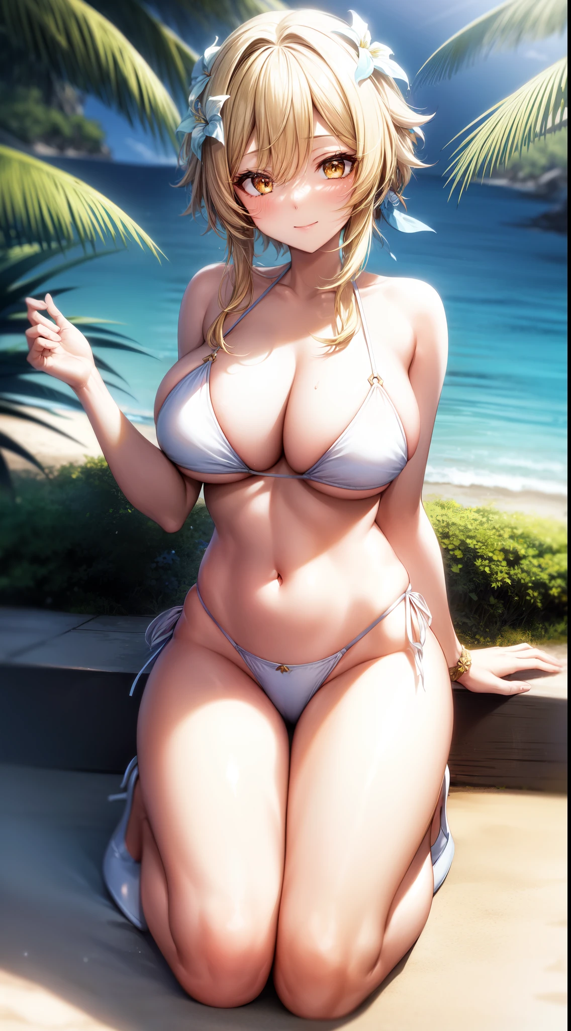 anime, beautiful face, highly detailed face, (2 accurate legs:1), yellow detailed eyes, highly detailed beach background, perfect lighting, best body lighting, 1girl, solo, lumine, genshin impact, outdoors, flower hair accessory, (beautiful blonde hair:1.2), absurdres, high res, ultrasharp, 8K, masterpiece, looking at viewer, teasing smile, BREAK (detailed sexy beach bikini:1.2), (detailed white heels:1.2), (all intricate lace:1.1), (sexy pose:1.2), (hands behind head:1.2), full body