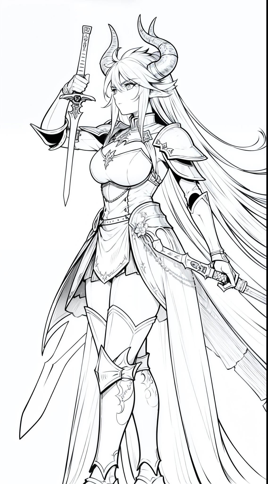 1girl,18s,horns,long hair,cathyl hair,templar knight armor,,cowboy shot,(white background,line drawing),perfil,from side,holding a sword