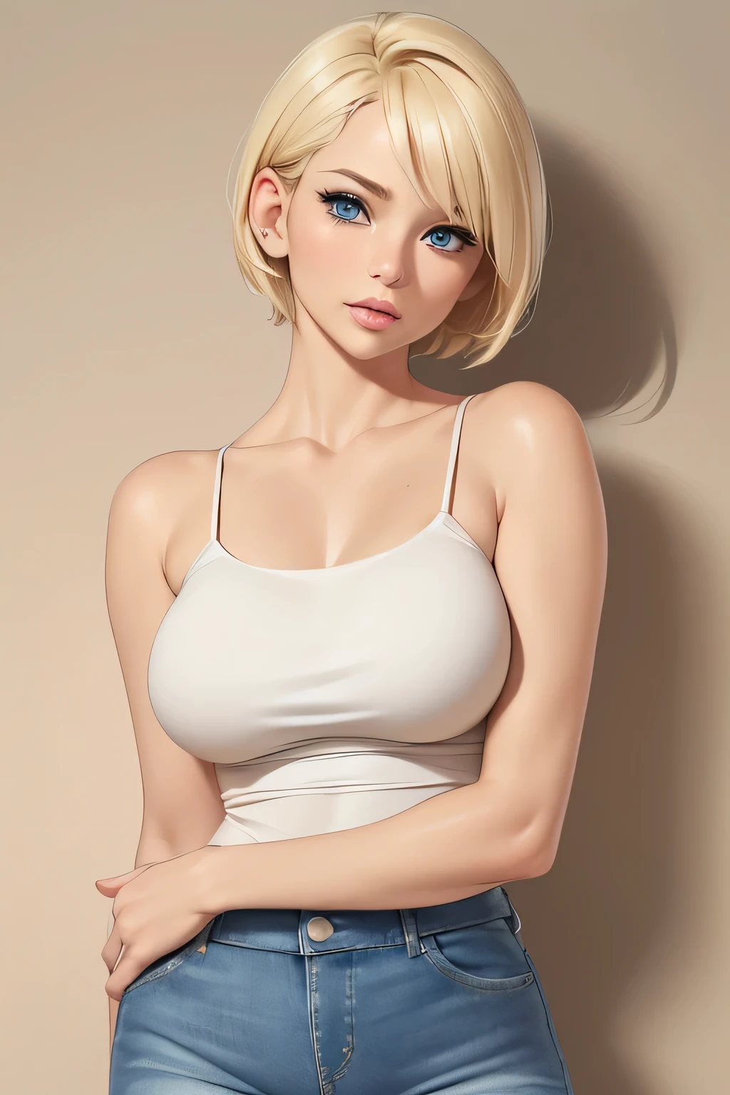 ((Solo)) ((Masterpiece)) ((High Quality)) ((Perfect Face)) ((Beautiful)) ((Round face)) ((Middle aged)) ((Blonde hair)) ((short Hair)) ((Cute Nose)) ((Blue Eyes)) ((Light Skin)) ((Camisole)) ((Tight jeans)) ((Full lips)