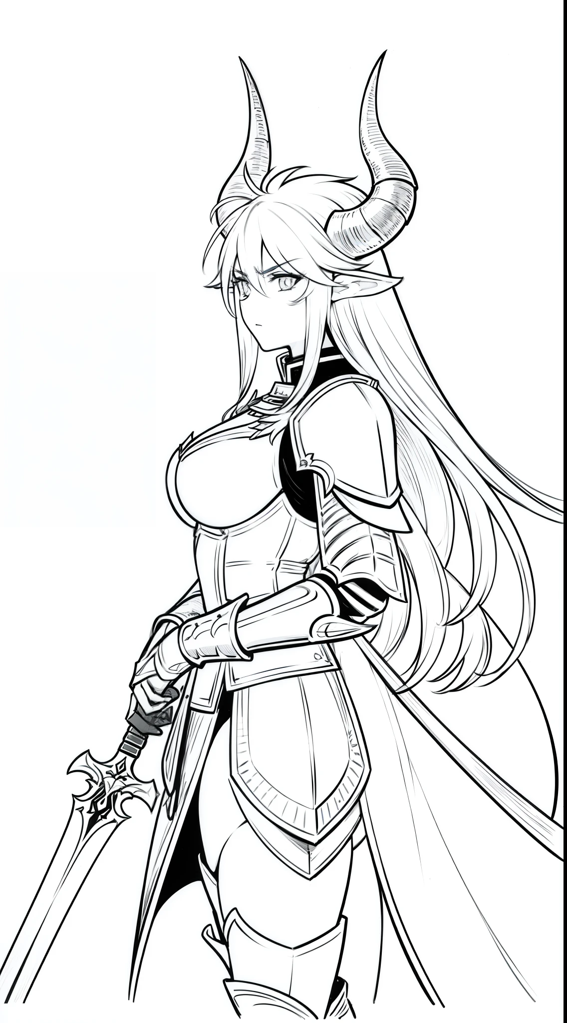 1girl,18s,horns,long hair,cathyl hair,templar knight armor,,cowboy shot,(white background,line drawing),perfil,from side,holding a sword