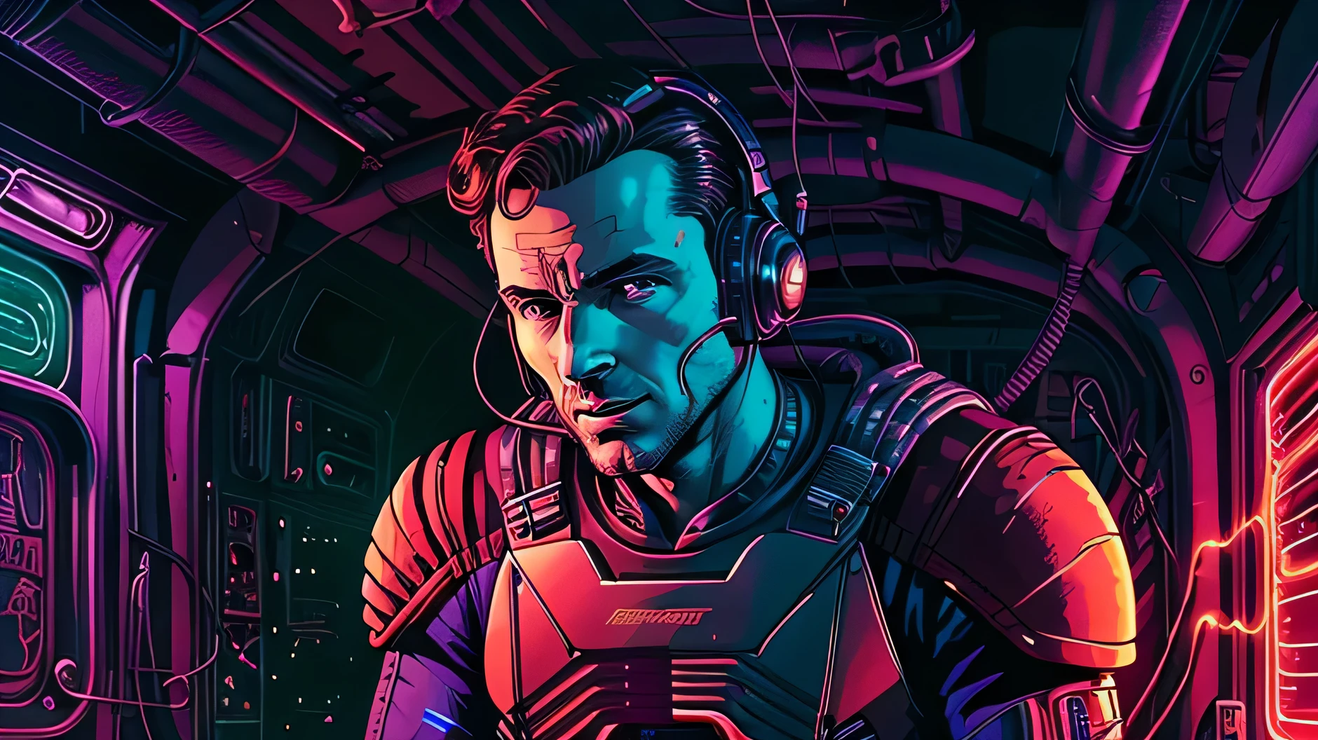 The body in a red environment, with electrical wires coming from his head, and his head, interstellar comic book style, purple and green, hyper detailed illustrations, dan mumford, josan gonzalez, trompe-l'œil illusionistic detail, cybersteampunk