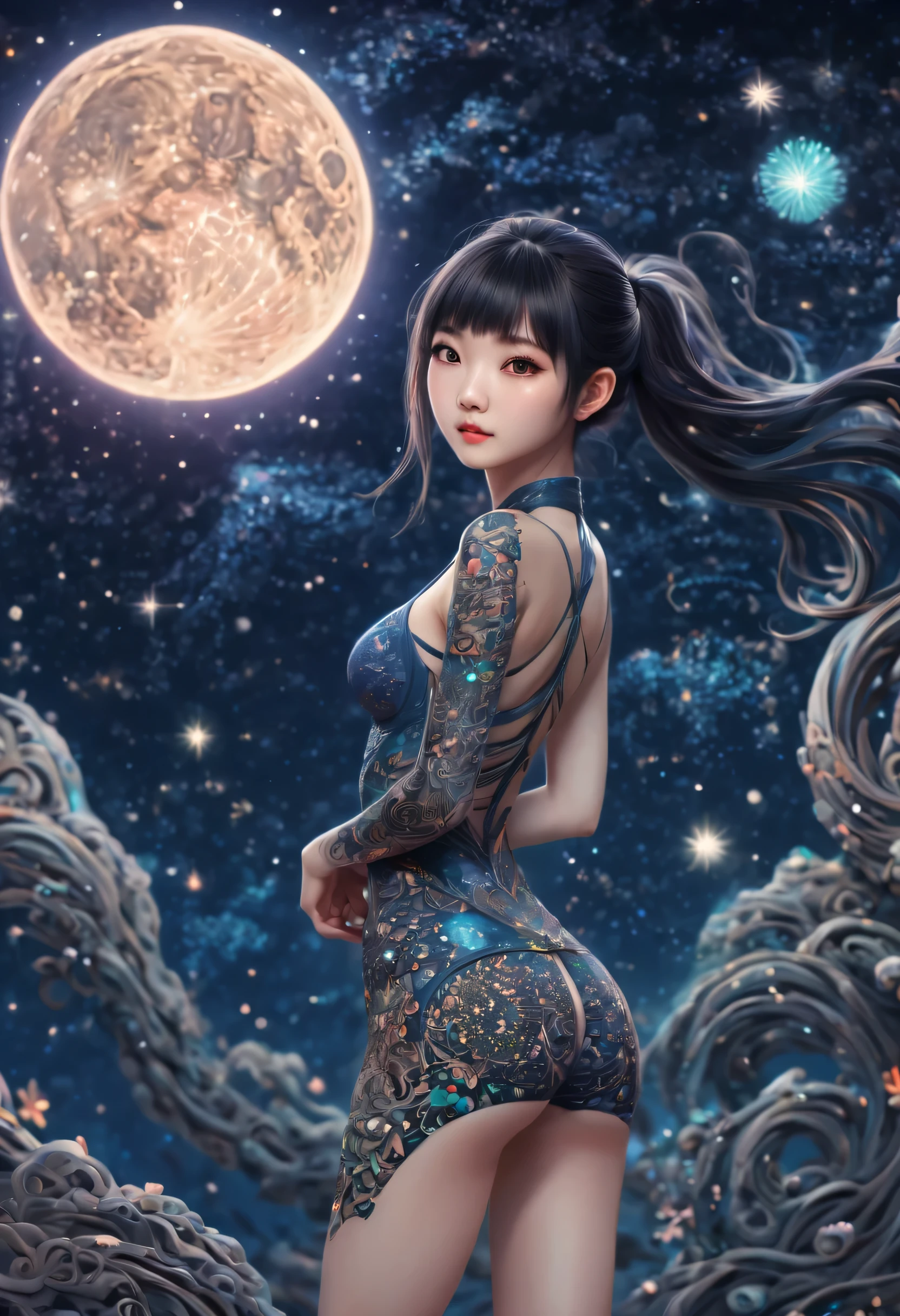 (best quality, highres, ultra sharp), magical ,cute Chinese girl, tattoo, in a magical starry sky, zentangle, full colored, 3d crunch, long legs, full body, SFW please.