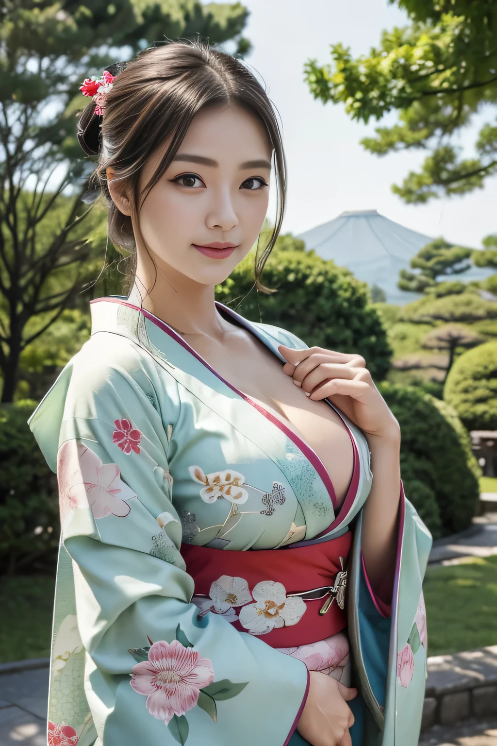 (masterpiece,High resolution,high quality)、(japanese kimono:1.3),perfect woman,cleavage between breasts,perfect anatomy,beautiful limbs,beautiful skin,sexy pose,rich bust:1.5,clear,beautiful face,droopy eyes,double eyelid,no makeup,smile,medium hair,black hair,public park,green tree々、Mysterious,high quality,realistic,gravure,Snazzy,japanese landscape、early summer、Glossily、