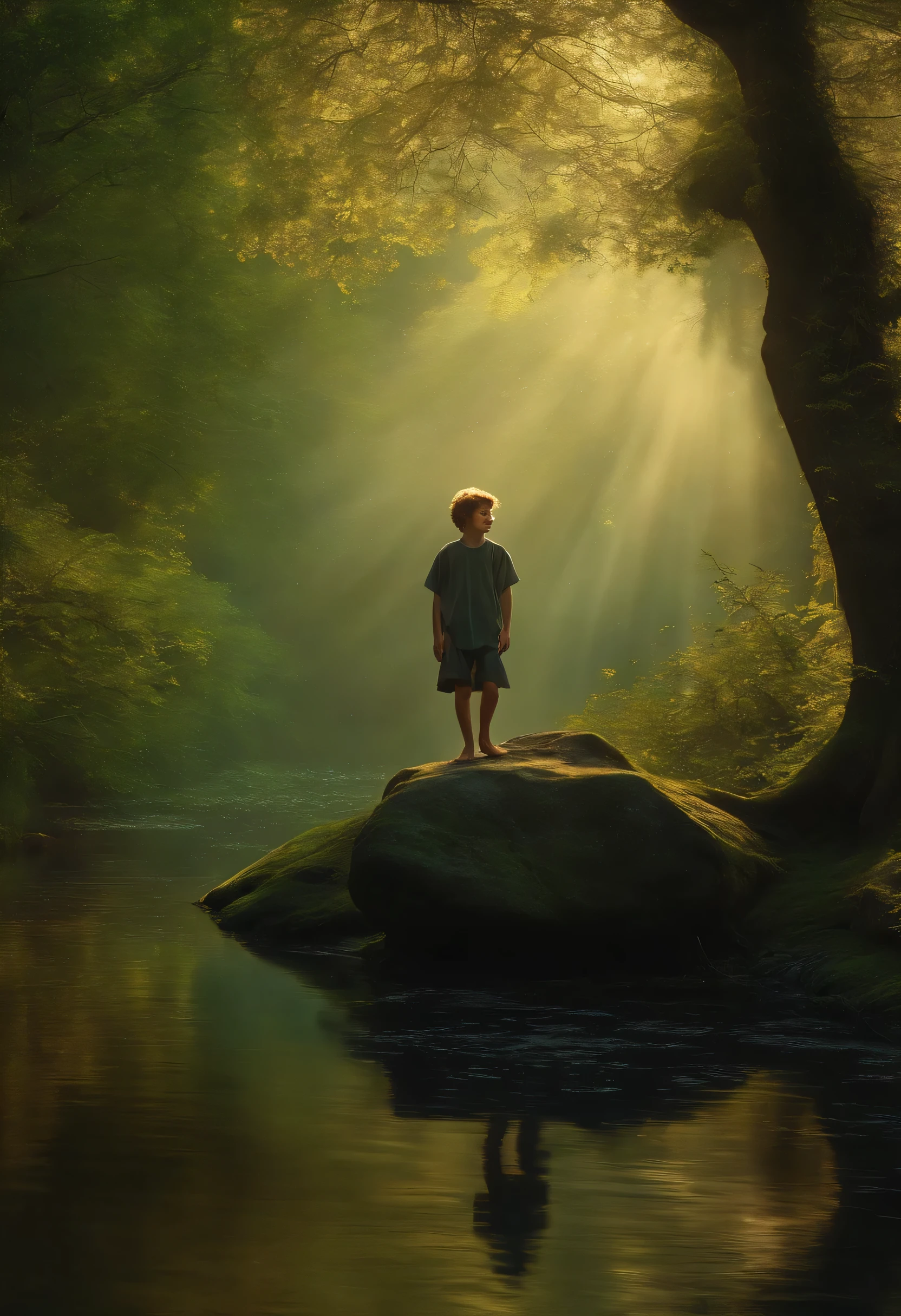 talking silence was a 12 year old boy, smart appearance, sorriso, Messy hair blowing in the wind, (figura que lembra Peter Pan...). he floats between the trees, your feet leave whirlwinds of wind (Estilo Gustave Dore) Amazing park