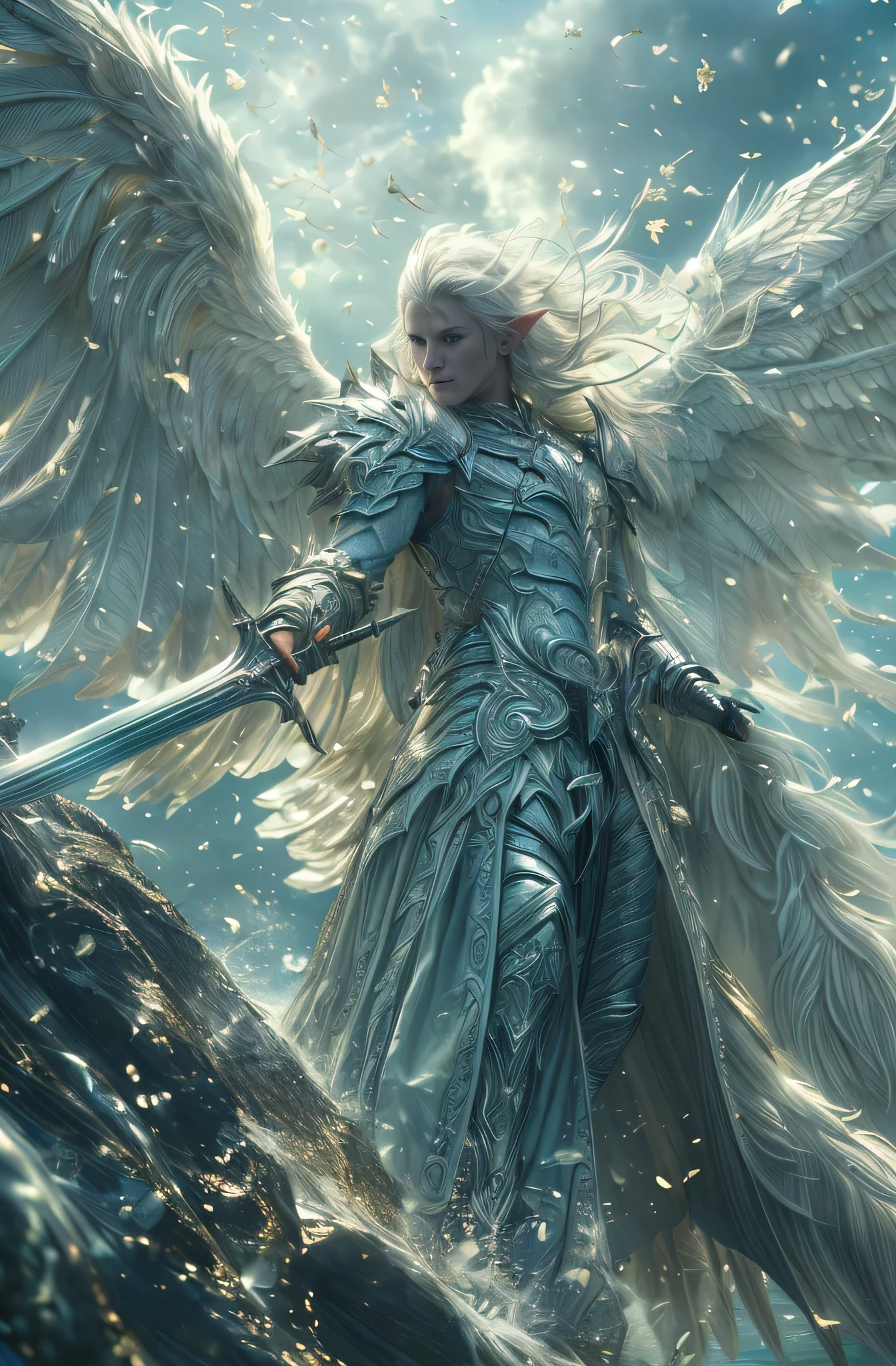 An man elven angel with white hair and white wings, holding a sword above the sea, clad in shining armor of great detail, holding a long majestic sword, serious emotion, long pointed elven ears, sharp warrior eyes (((ultra highres.photorealistic:. 1.4, hyper realistic, UHD, masterpiece, textured skin, super detail, high details, high quality, award winning, best quality, highres)))