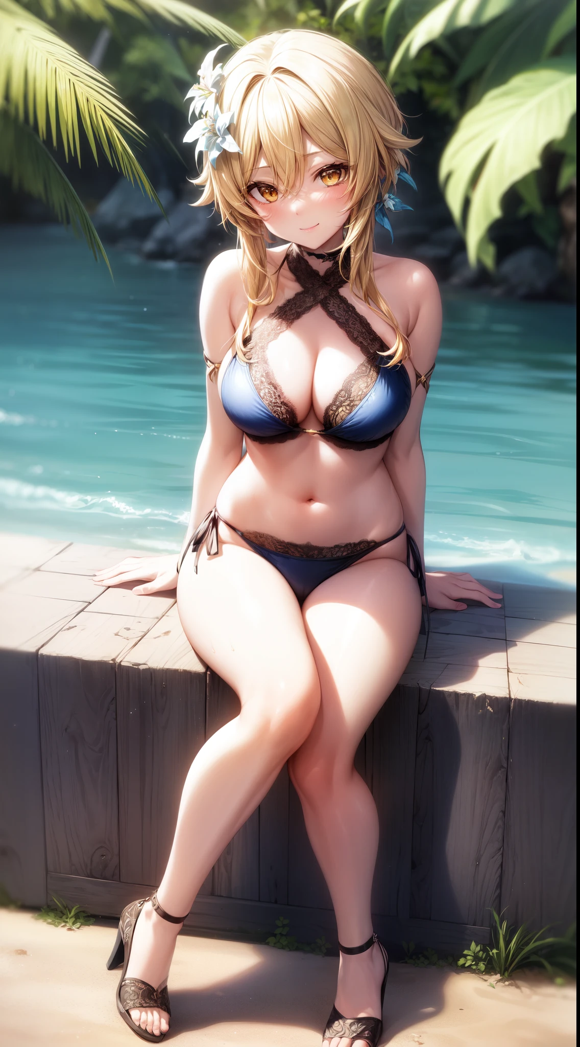 anime, beautiful face, highly detailed face, (2 accurate legs:1), yellow detailed eyes, highly detailed beach background, perfect lighting, best body lighting, 1girl, solo, lumine, genshin impact, outdoors, flower hair accessory, (beautiful blonde hair:1.2), absurdres, high res, ultrasharp, 8K, masterpiece, looking at viewer, teasing smile, BREAK (detailed sexy beach bikini:1.2), (detailed heels:1.2), (all intricate lace:1.1), (sexy pose:1.2), (spreading legs:1.2), full body