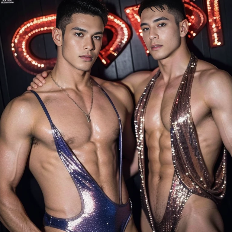  Men's sequins One Piece Swimsuit , extra short hair , 2 men shooting porn magazine cover , masculinity , bodybuilder