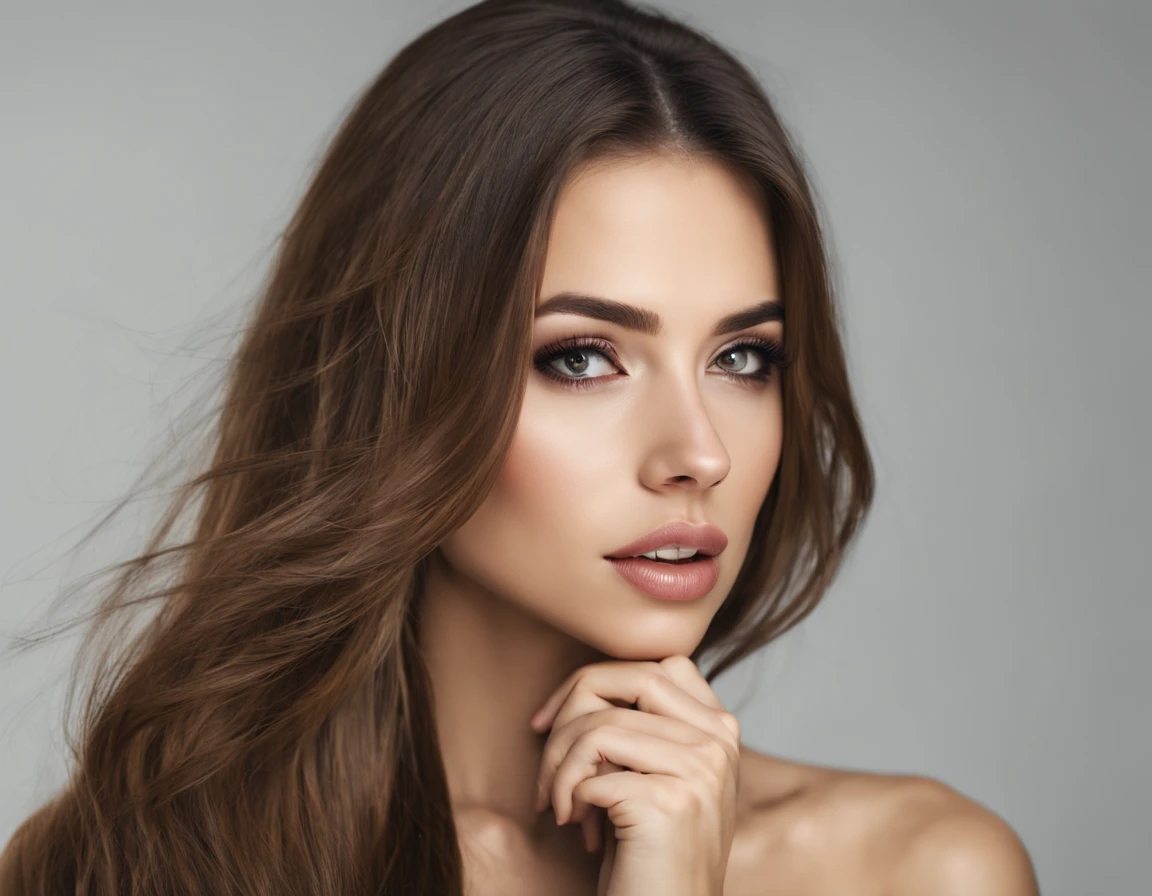 woman,cute,lips,long hair,looking at viewer,makeup,nose,realistic,solo,upper body,raw photo,studio_shot,8k uhd,dslr,soft lighting,high quality,film grain