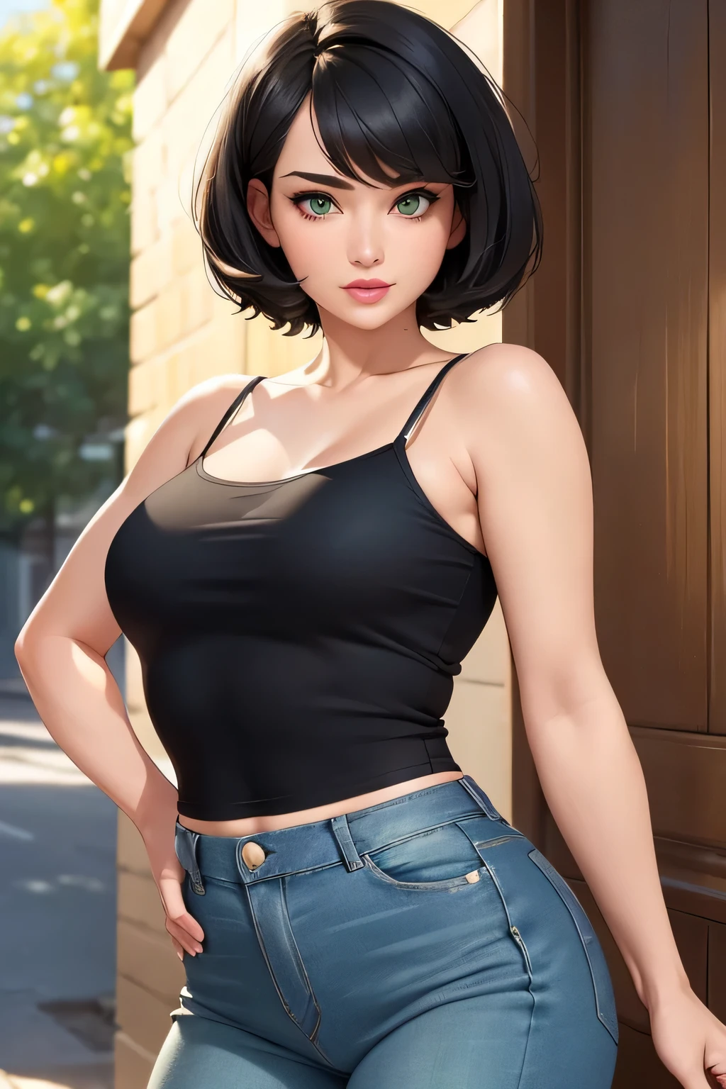 ((Solo)) ((Masterpiece)) ((High Quality)) ((Perfect Face)) ((Beautiful)) ((Round face)) ((Middle aged)) ((Black hair)) ((short Hair)) ((Cute Nose)) ((Green Eyes)) ((Light Skin)) ((Camisole)) ((Tight jeans)) ((Full lips)