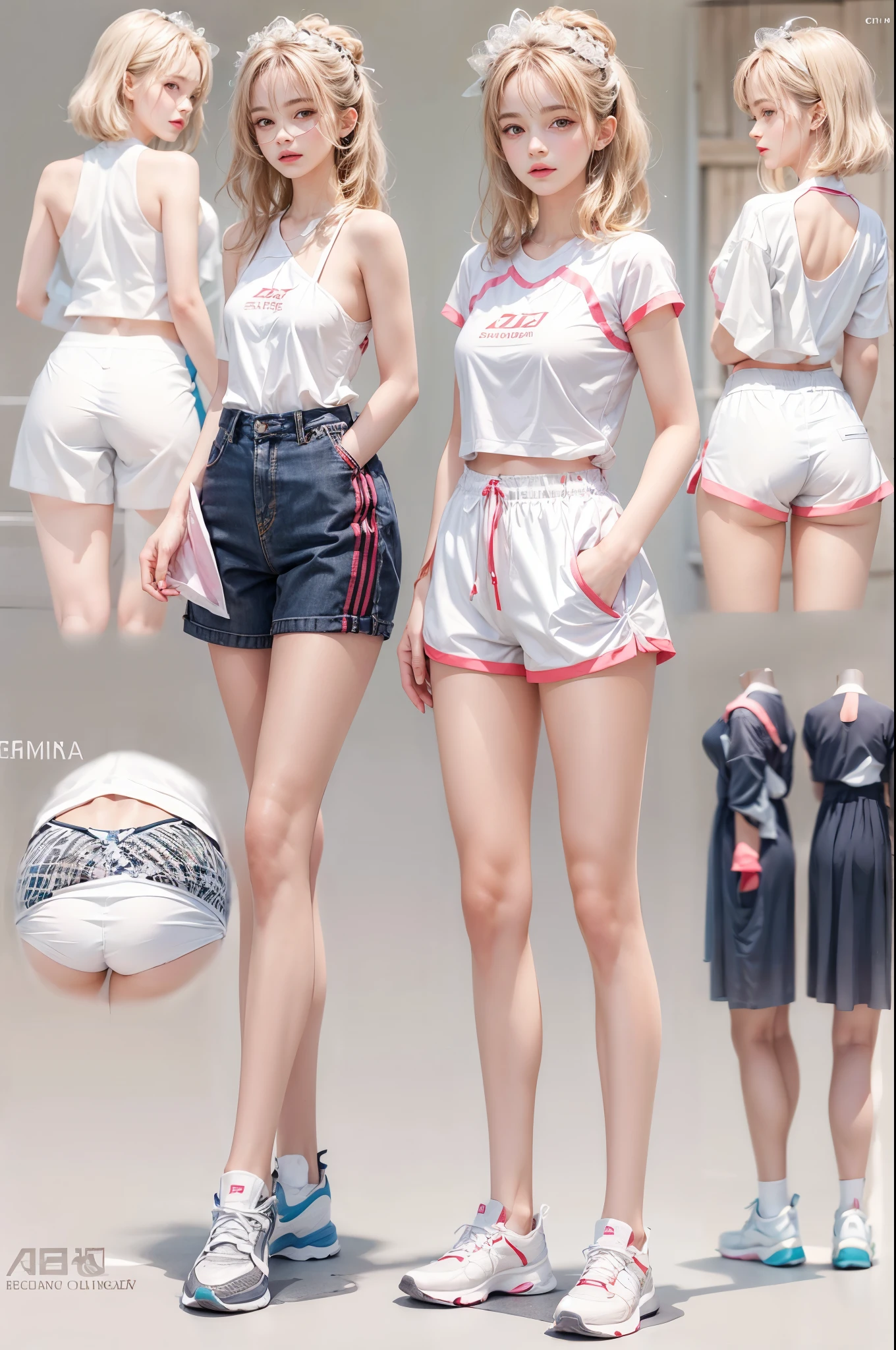 masterpiece, best quality, high quality, High definition, High quality texture, High quality shadow, high detail, beautiful detailed, finely detailed, extremely detailed cg, detailed texture, a realistic representation of the face, realistic, colorful, delicate, sharp focus, (intricate details, makeup, PureErosFace_V1:0.5), (detailed beautiful delicate face, detailed beautiful delicate eyes, a face of perfect proportion, high detailed skin, detailed skin, best ratio four finger and one thumb, skiny and thin:1.3), 1girl, 17 years old, tall, (smooth_abs:1.55), (abs:0.5), pretty, masterpiece, highres, (long_skinny_legs), (straight_legs), (skinny_waist), (((fair skin))), white skin, (((pale skin))), pink sports Bandeau, (school_uniform:swim_suits:0.5), white shorts, standing legs apart, looking at viewer, pink sports shoes, glasses, (Emma_watson), big_breast, (((Caucasian))), Light blonde hair, pink and white, sakura leaves