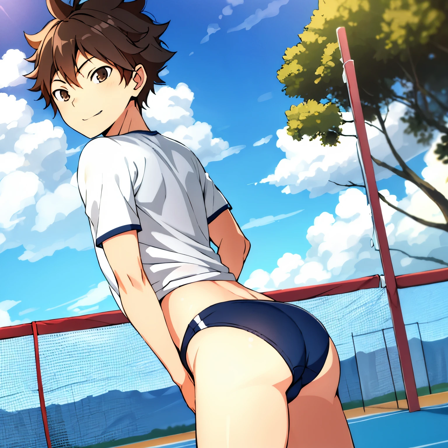 high resolution, obra-prima, Shouyou Hinata, cabelo preto, solo, 1boy, masculino, volleyball court, fora, blue skies, bosque, olhos detalhados, ass, anal, aas focus, sexy