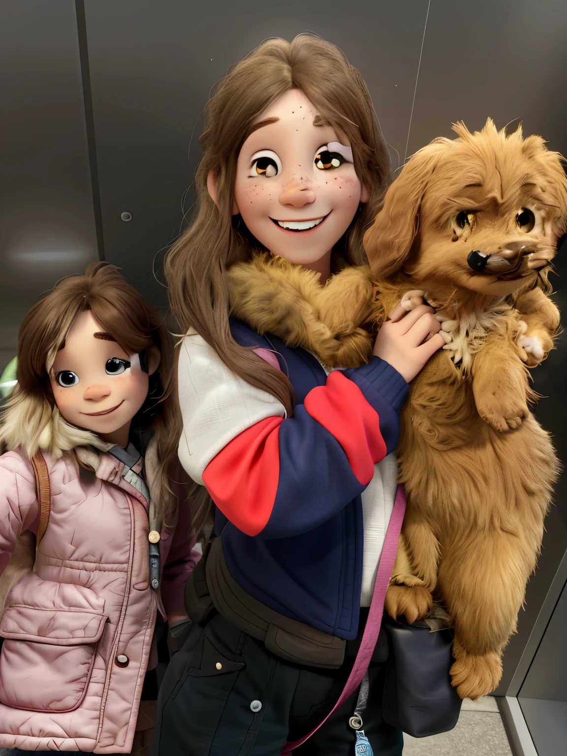 happy cute girls , with freckles and brown hair, holding a puppy 