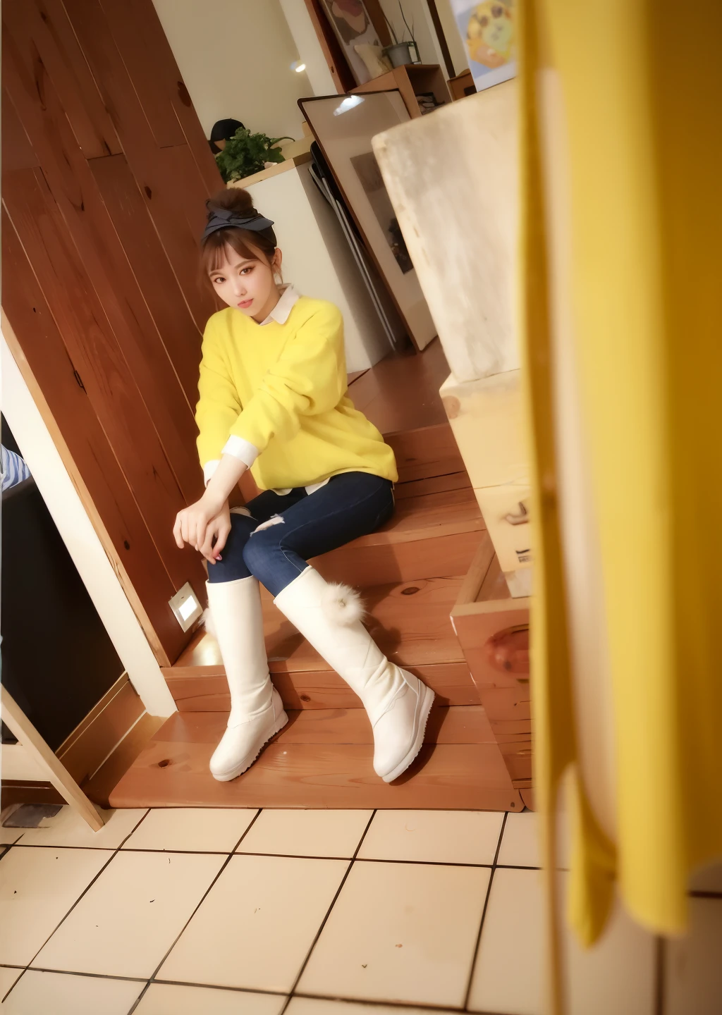 araffe sitting on the floor in a yellow sweater and blue jeans, korean female fashion model, wearing wheat yellow gauze, yellow clothes, warm colored clothes, with yellow cloths, yellow fur, Ulzzang, Inspired by Tang Sin Yun Sandara, (((yellow))), colorful, yellow, light yellow, Lee Ji Eun, Lee Ji Eun