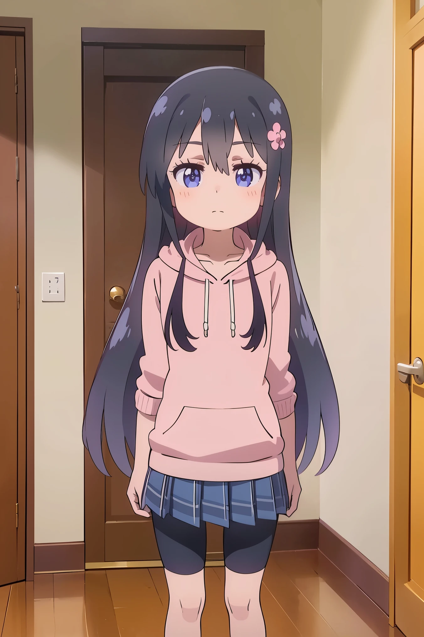 (masterpiece) , best quality, expressive eyes, perfect face, 1 girl, hdr, hana shirosaki, hair ornament, hair flower, pink flower, pink hoodie, long sleeves, plaid, grey skirt, plaid, bike shorts, black bike shorts, standing, open mouth, looking at viewers, room, bedroom, indoors, solo, pov, standing, grey plaid,
