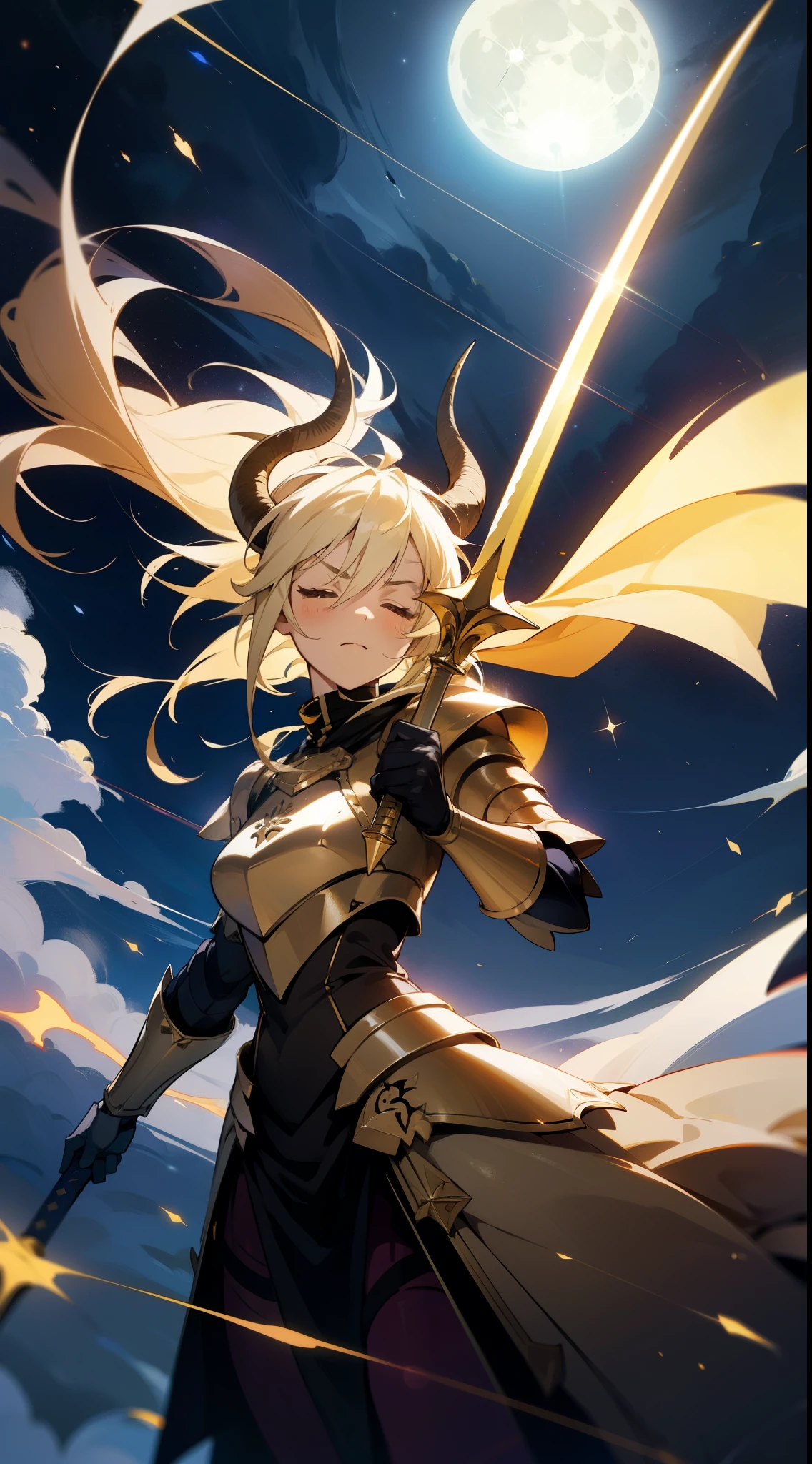 1girl,18s,horns,long hair,cathyl hair,light blonde hair,gold armor,dynamic pose,flying,holding a sword,closed eyes,serious,Ray Light Glow Lens Flare,((night,night sky,full moon