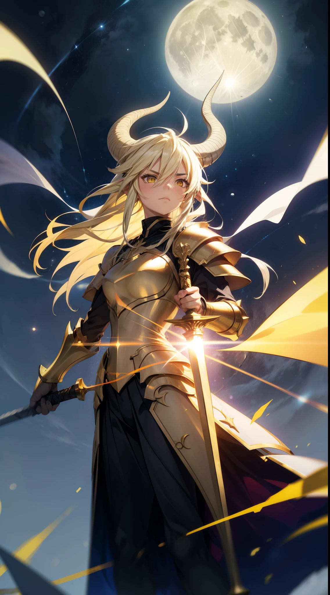 1girl,18s,horns,long hair,cathyl hair,light blonde hair,gold armor,flying,holding a sword,yellow eyes,serious,Ray Light Glow Lens Flare,((night,night sky,full moon