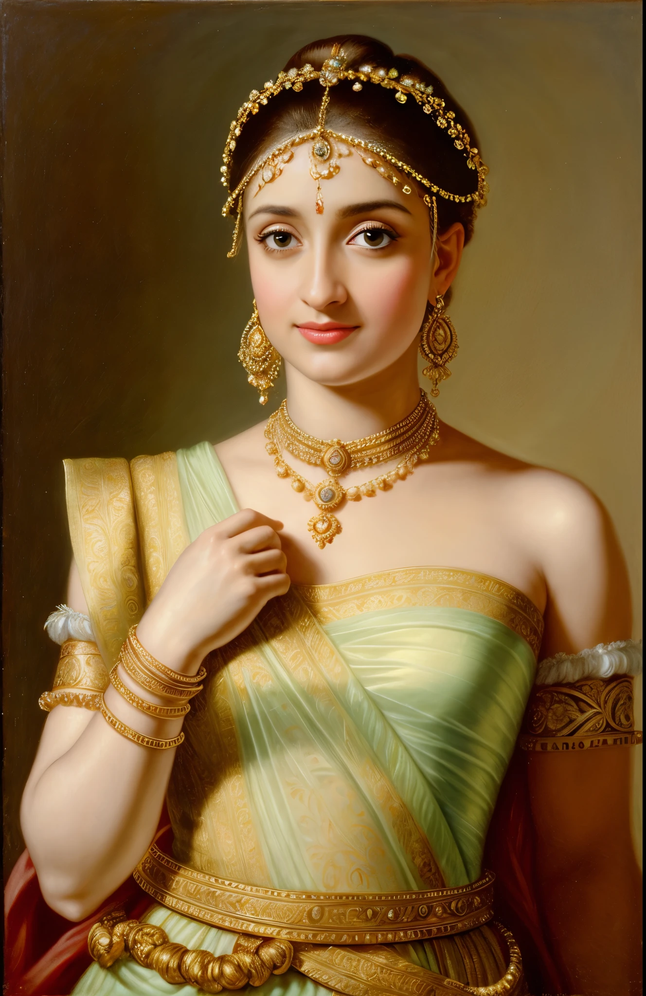 Looks like Trisha Krishnan, Masterpiece, Best quality, high clarity eyes, beautifully styled hair, critically flawless,sharp picture, Full portrait, High pixels, perfect face, perfect eyes, beautiful face, perfect hands,perfect fingers, in Peter Paul Rubens style, by Peter Paul Rubens, baroque style, acrylic on canvas, highly detailed, description: "Create a nymph inspired by the tales of Greek or Roman mythology, embodying the essence of a natural element or location, and possessing a unique ability or trait that sets her apart.", 1 female,