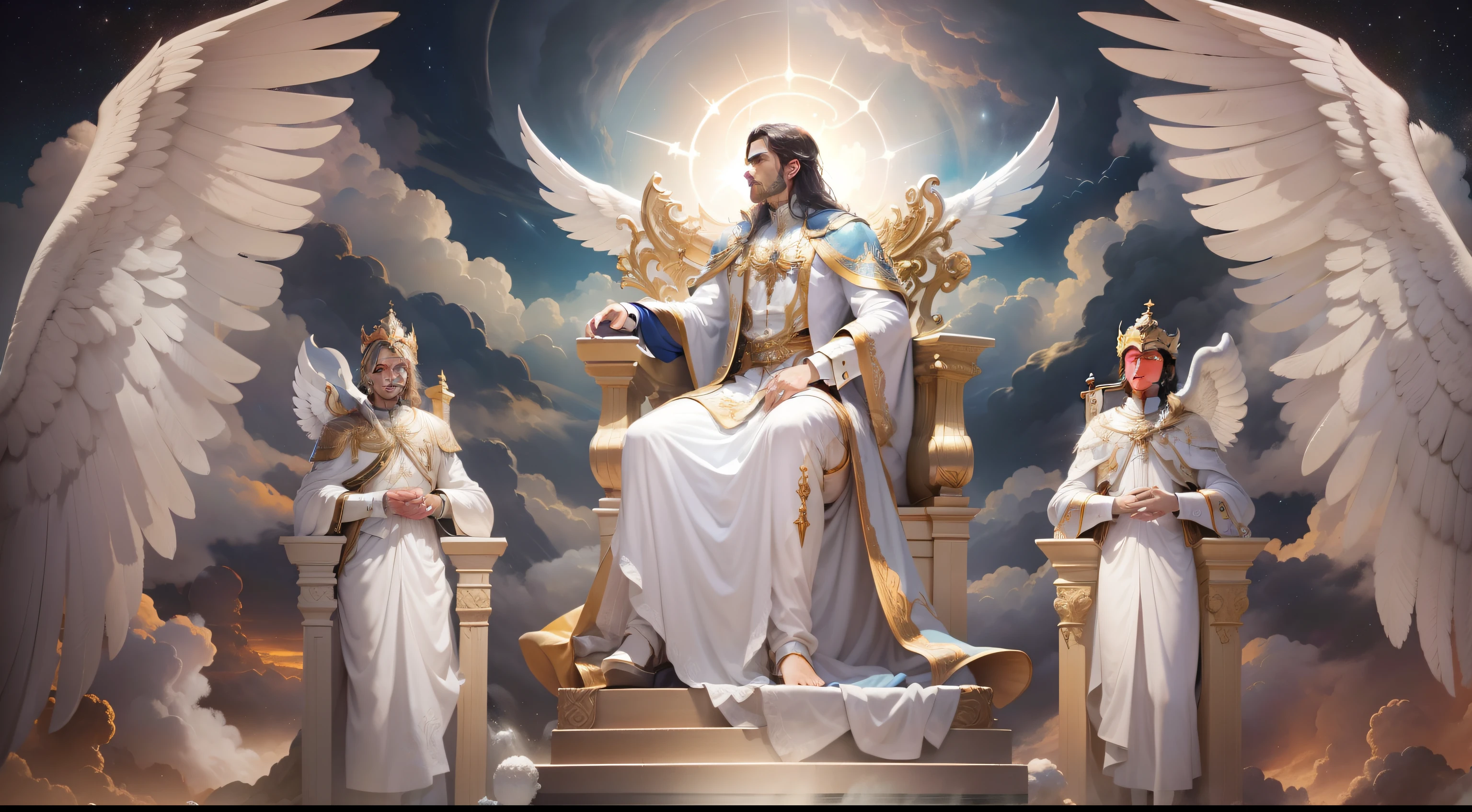 Deus um ser celestial com vestes brancas, num trono majestoso, cercado por anjos, perante ele  o diabo, um ser asqueroso sombrio, repugnante, fundo da imagem reino celestial, Heavenly Regions, atmosfera anjelical