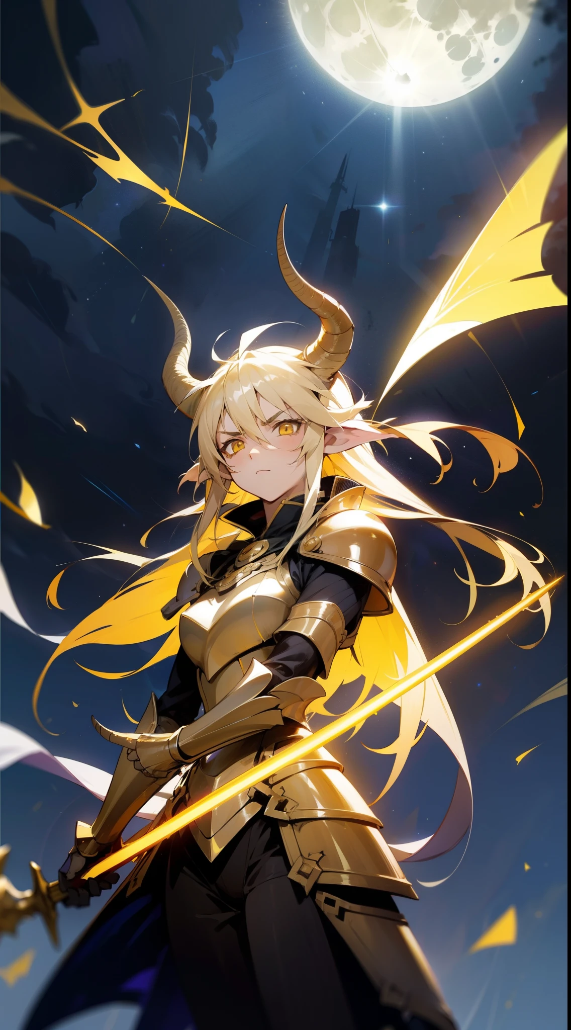 1girl,18s,horns,long hair,cathyl hair,light blonde hair,gold armor,flying,holding a golden sword,yellow eyes,serious,Ray Light Glow Lens Flare,((night,night sky,full moon